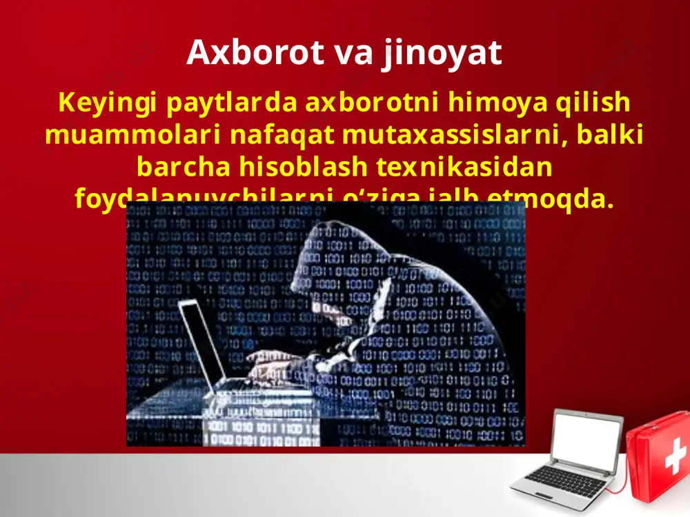 sh, «yuqish» xususiyatiga ega bo‘lgan maxsus dastur) dasturlarini websahifalarga «yashirib qo‘yish»; • turli davlat tashkilotlari va xususiy korxonalarga tegishli axborotlarni o‘g‘irlash va raqobatchi tashkilotlarga sotish yoki ma’lum miqdorda to‘lov talab qilish; • jamiyat mafkurasi va ma’naviyatiga zid axborotlarni internetda e’lon qilish. viruslar klassifikatsiyasi – tarmoq viruslari. viruslarni shartli ravishda quyidagi guruhlarga bo‘lish mumkin: – fayl viruslari [com, exe va dll ni zararlaydi]; – boot-viruslar [disketlarni boshlang‘ich yuklovchi sektorlari (yoki mbr – master boot record) qattiq diskning yuklovchi sohasini zararlaydi]; – makroviruslar; fayl viruslari kompyuterlarda eng ko‘p tarqalgan viruslardir. bu toifa kompyuter viruslari juda chidamli bo‘lib, o‘z vaqtida ehtiyot chorasi ko‘rilmasa, haqiqiy epidemiyaga aylanadi. ular barcha viruslarning taxminan 80 % ini tashkil etadi. • shaxsiy va lokal tarmoqdagi kompyuterlarga tashqaridan internet orqali kirishni cheklovchi va nazorat qiluvchi texnik va dasturiy vositalardan foydalanish; • internet orqali faqat ishonchli manbalardan axborot olish va ularning asl nusxasiga mosligini tekshirish; • ma’lumotlarni uzatish va qabul …