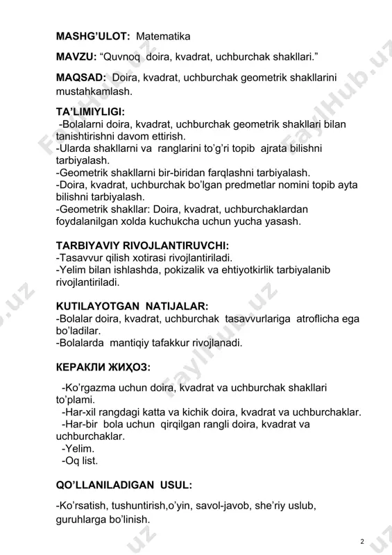 lar javobi) - tarbiyachi: to’gri bu doira shaklidir. u qanaqa rangda ekan? (bolalar javobi) tarbiyachi: ko’k rangda ekan a? (bolalar javobi) - tarbiyachi: sizlarning stolingiz ustida ham ko’k rangli doirachalar bor. ularni qo’limizga olib, barmoqlarimizni doira atrofida yurgizamiz. u yumalarmikan, uni yumalatib ko’ringlarchi? (bolalar javobi) - tarbiyachi: to’g’ru u yumaloq bo’lgani uchun yumalaydi. bolalar mana bu shakl qanaqa shakl? (bolalar javobi) - tarbiyachi: to’g’ru bu uchburchak shakl. rangi qanaqa ekan? (bolalar javobi) - tarbiyachi: rangi sariq ekan a! barakalla bolajonlar. endi sizlar ham stolingiz ustidan uchburchak shaklini topib uni baland ko’taringlar. uni yumalatish mumkinmi? (bolalar javobi) - tarbiyachi: to’g’ri uni yumalatib bo’lmaydi. nima uchun yumalatib bo’lmaydi. (bolalar javobi) tarbiyachi: judayam to’g’ri uni yumalatish uchun qirralari xalaqit beradi. yana stol ustida qanday shaklimiz qoldi qaraylikchi? (bolalar javobi) tarbiyachi: yaxshi, stol ustida kvadrat shaklimiz qoldi a! kvadrat shaklimiz qanaqa rangda ekan. (bolalar javobi) tarbiyachi: xa, to’g’ri, kvadrat shaklimiz qizil rangda ekana bolajonlar. …
