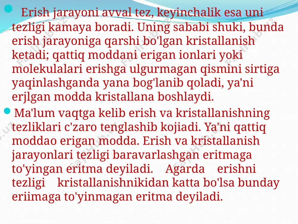 irka kislota ch3cooh hosil bo’ladi. hcl + ch3coona = ch3cooh + nacl kuchli kislotaning h+ ionlari natriy atsetatning ch3coo– ionlari bilan o’zaro birikadi. h+ + cl– + ch3coo– + na+ = ch3cooh + na++ cl– reaksiyada ishtirok etmaydigan ionlarni tenglamadan chiqarib tashlasak, quyidagi ionli tenglama olinadi: h+ + ch3coo– = ch3cooh eritmadan qisman gaz holida ajralib chiqadigan modda hosil qiluvchi almashinish reaksiyasiga misol qilib, na2s ning hcl bilan o’zaro ta’sirini keltirish mumkin: na2s + hcl = nacl + h2s yoki ionli ko’rinishda s2– + 2h+ = h2s↑ bo’ladi. ionlarning birikishi natijasida barqaror, oson parchalanadigan moddalar hosil bo’lsa ham, gaz modda ajralib chiquvchi almashinish reaksiyasi boradi. masalan, sulfit kislota tuzlariga kuchli kislota ta’sir ettirilsa, sulfit angidrid so2 ajralib chiqadi: h2o na2so3 + 2hcl = 2nacl + h2so3 so2 ionli tenglamasi so32– + 2h+ = so2 + h2o bo’ladi. kimyoviy reaksiyalar elektrolitlar eritmalarida erkin ionlarning bog’lanish tomoniga boradi. kuchli elektrolitlar, masalan, kcl …