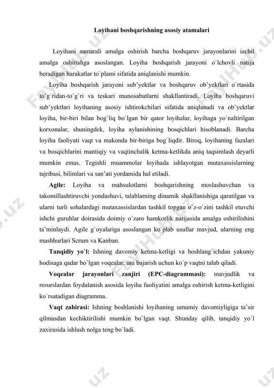 ning umumiy davomiyligiga ta’sir qilmasdan kechiktirilishi mumkin bo`lgan vaqt. shunday qilib, tanqidiy yo`l zaxirasida ishlash nolga teng bo`ladi. muhim bosqich (nazorat nuqtasi, milestone): misol uchun, bosqich oxirini ko`rsatadigan muhim voqea. gantt grafigida nol muddatli vazifa sifatida ko`rsatiladi. loyiha menejeri (loyiha rahbari, project manager, pm): loyihani boshqarish uchun mas’ul loyiha guruhi rahbari (loyihani rejalashtirish, amalga oshirish va yopish). manbalar: loyihani amalga oshirish uchun zarur bo`lgan elementlar. resurslar - bu vaqt, uskunalar, materiallar, xodimlar va boshqalar. loyiha tarkibi (scope): mahsulotni olish uchun bajarilishi kerak bo`lgan ishning tavsifi. sprint (sprint): scrum-da iteratsiya (ishlaydigan sikl) - bu bir haftadan bir oygacha davom etadigan, mijoz uchun qimmatli bo`lgan mahsulotning yoki uning elementining ishchi versiyasini yaratish jarayonidir. "klassik" yoki "an’anaviy" loyiha boshqaruvi: vazifani ketma-ketlikda bosqichma-bosqich, oqimga o`xshash tarzda o`tkaziladigan "sharshara" (waterfall) yoki kaskadli sikl deb ataladigan loyiha boshqaruvining eng keng tarqalgan usuli. loyihaning paydo bo`lishi va uni tugatish paytidagi vaqt oralig`i loyiha aylanishi deb ataladi (ular …
