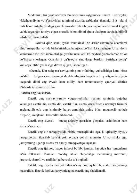 i. masalan: moddiy ishlab chiqarishga mehnatning mazmuni, jarayoni, sharoiti va natijalariga bevosita ta‘sir qiladi. estetik ong, estetik faoliyat bilan o’zviy bog’liq bo’lib, u shu faoliyatning maxsulidir. estetik faoliyat jarayonidagina estetik ong shakllanadi. estetik ehtiyojlarni qondirishga dahildor bo’lgan estetik faoliyatni tashkil etadi. insonning kuch quvvatini erkin namayon qiladigan, mehnat ijod sifatida qaraladigan har qanday faoliyat estetik faoliyat bo’ladi. estetik ongda estetik did deganda, insonning muloxazalari fikrlari, xulqi, yurish-turishi, o’zini tutishi, xatti-xarakatlarida moddiy va ma‘naviy ijodini maxsulotlarida namayon bo’ladi. estetik did asosida go’zallikni, xunuklikni ajrata bilish, zavqlanish qobiliyati yotadi. estetik ongning ijtimoiy ong shakli sifatidagi ko’rinishida yakka odam estetik ongi ko’rinishi farq qiladi. yakka odam esteti konggi bu aniq bir shaxs onggi, ma‘naviy dunyosining bir qismi. jamiyat estetik ongining mavzuni yakka odam estetik ongidan ancha keng va boy bo’lib, ijtimoiy hayotning barcha estetik tomonlarini qamrab oladi. yakka odam estetki ongi esa faqat bitta shaxs ma‘naviy dunyosini estetik sohasini o’z ichiga oladi. lekin …