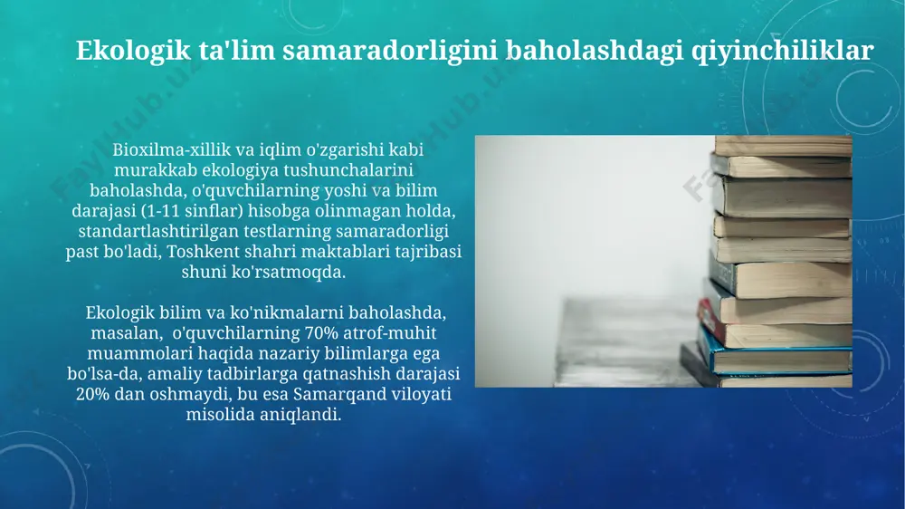 arqand viloyati maktablari buni yorqin misol qilib keltirishi mumkin. koʻplab oʻqituvchilar ekologik ta’lim boʻyicha malaka oshirish kurslaridan oʻtmagan va zamonaviy oʻquv uslublari, masalan, loyihalar ustida ishlash yoki interaktiv oʻyinlardan foydalanish bilan yetarlicha tanish emaslar, natijada 50% dan ortiq darslar anʼanaviy usulda oʻtiladi. zamonaviy texnologiyalarni ekologik ta'limda qo'llash masalalari 70% dan ortiq o'quvchilar onlayn ekologik resurslarga kirish imkoniyatiga ega emas, bu esa toshkent viloyatida ekologik ta'limning samaradorligini pasaytiradi va raqamli tengsizlik muammosini keltirib chiqaradi. ekologik ta'limda sun'iy intellekt yordamida ishlab chiqilgan o'quv dasturlarining samaradorligi 5 dan 10 foizgacha o'zgarib turishi va andijon shahridagi tajriba natijalariga ko'ra, turli yoshdagi o'quvchilar uchun moslashtirilishi kerak. e'tiboringiz uchun rahmat @taqdimot_robot image3.png image4.jpg image5.jpg image6.jpg image7.jpg image8.jpg image9.jpg image10.jpg image11.jpg image12.jpg