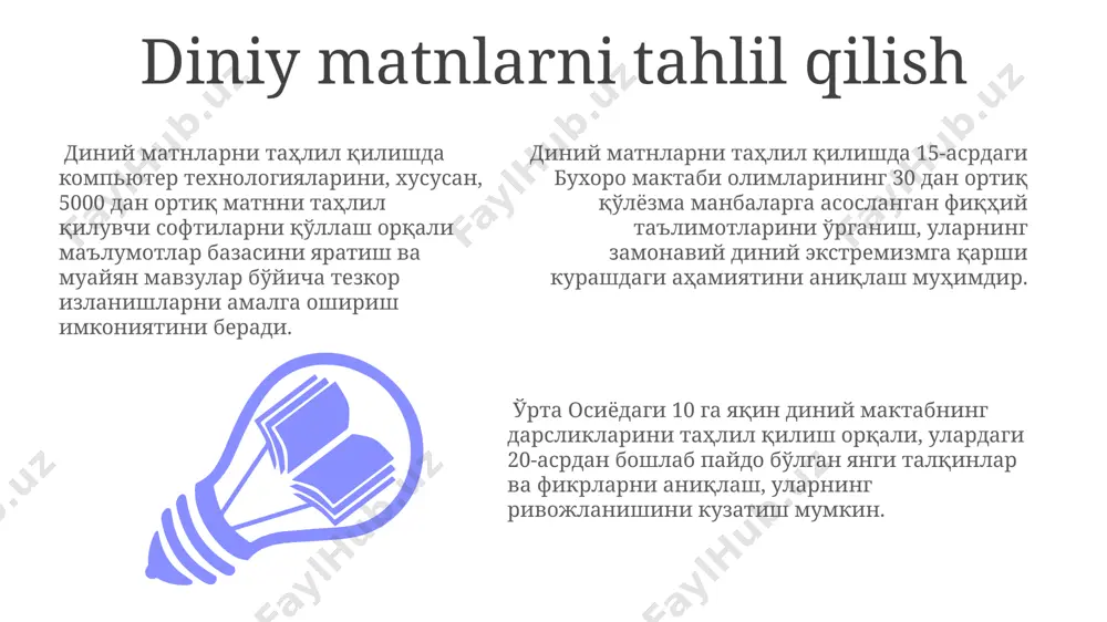 қарши курашда 1000 дан ортиқ маърузачи ва психологлар маърифий тадбирларни ўтказишда иштирок этдилар. islom huquqi va uning zamonaviy talqini ислом ҳуқуқининг талқинида 21-асрдаги глобал муаммолар, масалан, инсон ҳуқуқлари, экологик масалалар кабиларнинг ҳал этилишидаги ролига алоҳида эътибор берилади. ислом ҳуқуқининг 4 мазҳабга бўлиниши (ҳанафий, моликий, шафеий, ҳанбалий) милоднинг 8-10 асрларидаги бухоро, бағдод каби шаҳарлардаги фиқҳшуносларнинг фаолияти билан боғлиқ. замонавий ислом ҳуқуқшунослигида 19-20 асрлардаги жаҳонлашув жараёнлари, 30 дан ортиқ давлатнинг конституцияларида ислом ҳуқуқининг аҳамиятига эътибор берилган. diniy bag'rikenglik va hurmat samarqand va buxoro kabi tarixiy shaharlar diniy bagʻrikenglikning yorqin namunalarini namoyish etib, ming yillar davomida turli madaniyat va din vakillarini birlashtirgan. diniy bagʻrikenglik va hurmat gʻoyalari oʻzbekiston konstitutsiyasining 18-moddasida mustahkamlangan boʻlib, 1991-yildan buyon mamlakatda 10 dan ortiq diniy konfessiyalar faoliyat yuritadi. oʻzbekiston respublikasi 200 dan ortiq diniy taʼlim muassasalarini roʻyxatdan oʻtkazgan, bu diniy bilim va hurmatni rivojlantirishga xizmat qiladi. kelajakdagi tadqiqot yo'nalishlari markaziy osiyo mintaqasida, xususan, o'zbekiston va qozog'iston hududlarida 10 yildan …