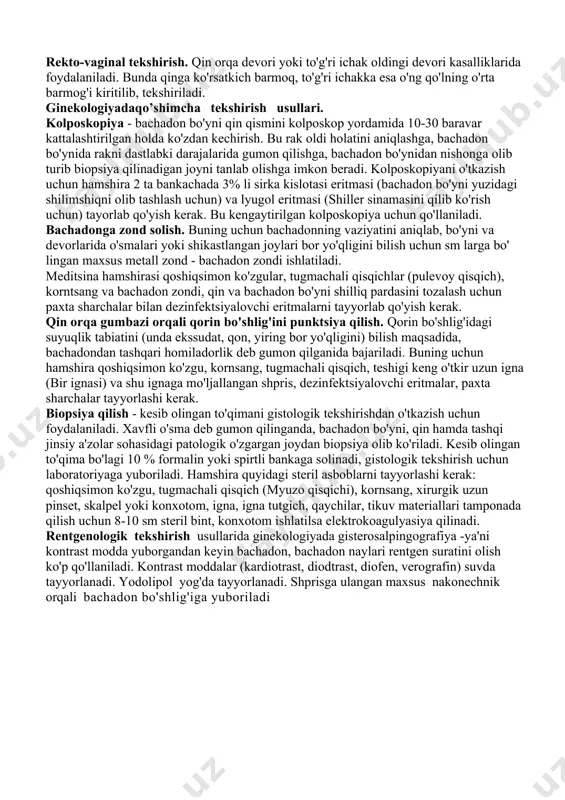 elish-kelmasligi va bularning miqdori haqidagi ma'lumotlar aniqlanadi. ko'pincha vulva, qin, bachadon bo'yni va jinsiy sistema yuqorida yotgan a'zolarning har xil etiologiyali yallig'lanish kasalliklari oqchillar kelib turishiga sabab bo'ladi. oqchillar bachadon polipi va rakning belgisi bo'lishi mumkin. oqchil suyuq, suvsimon, yiringsimon, shilimshiqsimon, tvorogsimon bo'lishi mumkin. akusherlik - ginekologik anamnez xususiyatlarini aniqlab, bilib olgandan keyin mazkur kasallik anamneziga o'tiladi. mazkur kasallikning qay tariqa avj olganligi to'g'risidagi ma'lumotlar: uning qachon paydo boiganligi, abort, tug'ruqlar, birga davom etib kelayotgan kasalliklar, hayz, sovqotish, umumiy infektsiya va qilingan davoning xarakteri va natijalari to'g'risidagi ma'lumotlar alohida diqqatga sazovordir. ginekologik bemorlarni obektiv tekshirish usullari. ginekologik kasalni obyektiv tekshirish umumiy va maxsus tekshirishdan iborat. umumiy tekshirish organizmning ahvoli to'g'risida umuman tasavvur hosil qilishga imkon beradi. bemorni umuman ko'zdan kechirib, (tana tuzilishi, tipi, badan terisi va shilliq pardalarning ahvoli, jun qoplamining xarakteri, sut bezlarining holati va nechog'lik rivojlanganligini aniqlash) a'zo va sistemalarni umuman meditsinada qabul qilingan usullar bilan tekshiriladi. ko'zdan …