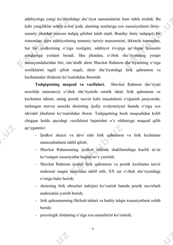 rik qahramon va kechinma xususiyatlari ilmiy jihatdan asoslanadi. tadqiqotning tuzilishi. ish kirish, uch asosiy bob, xulosa va foydalanilgan adabiyotlar ro‘yxatidan tashkil topgan bo‘lib, hajmi 71 sahifadan iborat. i bob shoir she’riyati va adabiy tanqid xx asr o‘zbek she’riyatida o‘nlab yetuk iste’dod sohiblarining ijodi bilan alohida ajralib turadi. shu bilan bir qatorda 70-yillarga kelib she’riytga o‘nlab ijodkorlar turfa xil ohanglarni olib kirishi bilan o‘ziga xos badiiy tafakkurni shakllantirdi. mana shunday xususiyatlarni e’tirof etgan holda o‘zbekiston qahramoni erkin vohidov shunday yozadi: “she’riyatimizga yangi avlod kirib keldi. ohista, iymanib, ulug‘lar qoshida cho‘chinqirab emas, shaxdam, dadil, bamisoli to‘yxonaga kelgan o‘spinirin kuyovnavkarlardek olatasir va so‘ron bilan kirib keldi… ular shoir sifatida dolg‘ali, behalovat davr bolalari, qalbu xayollari anordek qontalash, kurrai zaminning istirobu umidlariga og‘ushta bo‘lgan, dunyoga ham zavqu shavq, ham xavotir ko‘zi bilan boqqan yoshlar. ular, yana shoir sifatida, she’riyatda haqqoniyat va samimiyat, insonparvarlik g‘olib bo‘lib turgan, haqiqiy iste’dod qadrlanib nasihat o‘rnini badiiyat, jarangos o‘rnini …