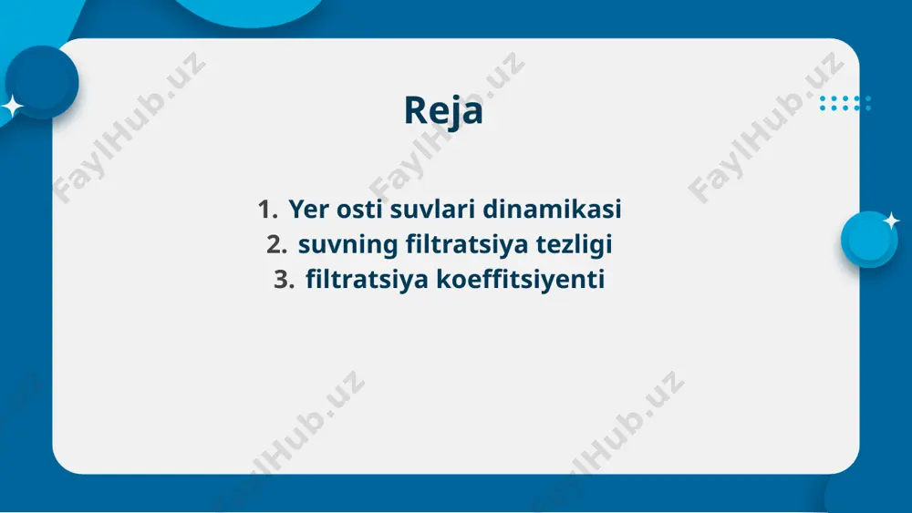 tini aniqlash ancha murakkab bo’lib, asosan, burg’ quduqlaridan grunt suvlarini nasoslar bilan so’rib chiqarish vaaeratsiya zonasida tog’ jinslariga suv shimdirish yordamida aniqlanadi. bu usul bilan struktura va teksturasi buzilmagan, tabiiy xolatda yotgan jinslar uchun filtratsiya koeffitsiyenti qiymatini topi aniq natijalar beradi. burg quduqlaridan nasoslar yordamida suv chiqarish bir yoki bir necha quduqlarda olib boriladi. bir quduqdan suv chiqariladigan bo’lsa, u vaqti filtratsiya koeffitsiyenti dyupyui formulasi bilan xisoblanadi. adabiyorlar islomov o.i., shoraxmedov sh.sh. umumiy geologiya t., «ukituvchi» 1971 yil. kuznetsov s.s. geologiya ,uzssr «urta va oliy maktab», davlat nashriyoti,t., 1960. 3. «geologiya lugati»uzssr fa nashriyoti t.,1958. e’tiboriningiz uchun rahmat! image1.png image2.png image3.png image4.png image5.png image6.png