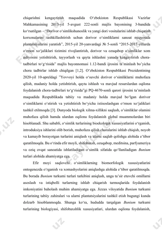 armonlar ishlab chiqarishni kengaytirish maqsadida oʻzbekiston respublikasi vazirlar mahkamasining 2013-yil 5-avgust 222-sonli majlis bayonining 3-bandida koʻrsatilgan – “dorivor oʻsimlikshunoslik va yangi dori vositalarini ishlab chiqarish korxonalarini tashkillashtirish uchun dorivor oʻsimliklarni sanoat miqyosida plantatsiyalarini yaratish”, 2015-yil 20-yanvardagi № 5-sonli “2015-2017-yillarda oʻrmon xoʻjaliklari tizimini rivojlantirish, dorivor va ozuqabop oʻsimliklar xom ashyosini yetishtirish, tayyorlash va qayta ishlashni yanada kengaytirish chora-tadbirlari toʻgʻrisida” majlis bayonnomasi 1.12-bandi ijrosini ta’minlash bo’yicha chora tadbirlar ishlab chiqilgan [1,2]. oʻzbekiston respublikasi prezidentining 2020-yil 10-apreldagi ”yovvoyi holda oʻsuvchi dorivor oʻsimliklarni muhofaza qilish, madaniy holda yetishtirish, qayta ishlash va mavjud resurslardan oqilona foydalanish chora-tadbirlari toʻgʻrisida”gi pq-4670-sonli qarori ijrosini taʼminlash maqsadida respublikada tabiiy va madaniy holda mavjud boʻlgan dorivor oʻsimliklarni oʻstirish va yetishtirish boʻyicha ixtisoslashgan oʻrmon xoʻjaliklari tashkil etilmoqda [3]. dunyoda biologik xilma-xillikni saqlash, oʼsimliklar olamini muhofaza qilish hamda ulardan oqilona foydalanish global muammolardan biri hisoblanadi. shu sababli, oʻsimlik turlarining bioekologik xususiyatlarini oʻrganish, introduksiya ishlarini olib borish, muhofaza qilish choralarini ishlab chiqish, noyob …