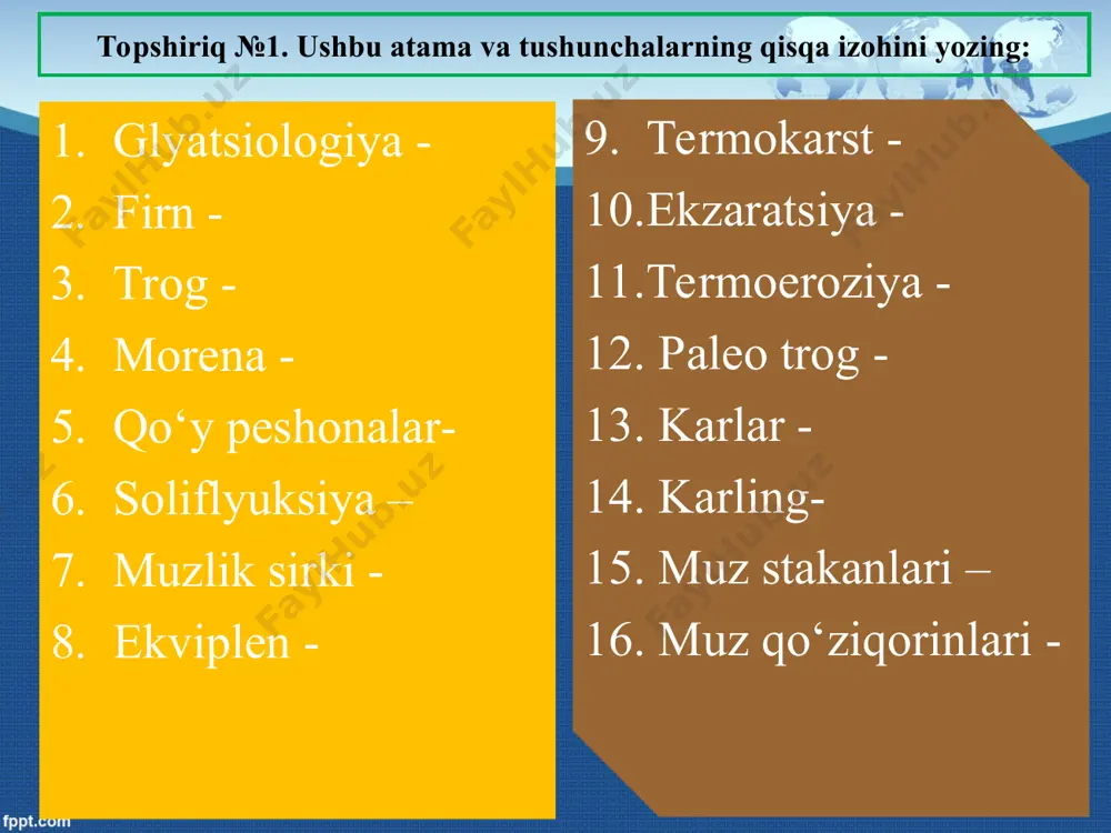 ni esa birmuncha tik holatda kuzatiladi. doimiy muzlab yotgan yerlarning relef shakllari: i.s.shukin ma’lumoti bo‘yicha, abadiy muzloq yerlarda yuz beradigan tabiiy geografik jarayonlar va ular bilan bog‘liq ravishda hosil bo‘luvchi relef formalarini kelib chiqishiga ko‘ra quyidagi guruhlarga bo‘lib o‘rganadi: 1. muzlik ponalari; 2. gidrolakolitlar doimiy muzlab yotgan yerlarning relef shakllari: gidrolakkolitlarning ko‘rinishi yumaloq, gumbazsimon shaklda bo‘lib, yon bag‘irlari deyarli tik 40-500, yuqori qismi yassiroq bo‘lgan holda, balandligi bir necha o‘n metrni tashkil etishi mumkin. ular yoqutiston, baykal orti o‘lkasi, amur oblasti kabi tayga va yevropaning tundra unga tutash hududlarida keng tarqalgandir. bular shimoliy qutbga yaqin, abadiy to‘ngloq yerlarda ko‘plab uchraganligi sababli, o‘sha joyda yashovchi mahalliy aholi yoqutlar tomonidan «bulgunnyax» deya ataladi. doimiy muzlab yotgan yerlarning relef shakllari: termoabraziya – dengiz yoki ko‘l qirg‘oqlari bo‘ylab to‘lqinning yemiruvchan kuchi ta’sirida shakllanadigan jarayon abraziya deb ataladi. shu boisdan abraziya lotincha «abrasio» – sidirish degan ma’noni beradi. bu jarayon tufayli qirg‘oq bo‘yining yemirilishi, ba’zan …