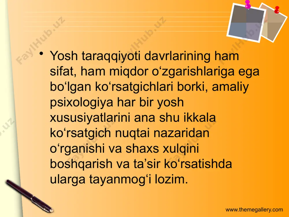 asab tizimiga ham o‘z ta’sirini ko‘rsatib, bola tezga achchiqlanadigan yoki tormozlanish yuz berganda anchagacha depressiya holatidan chiqolmaydigan tushkunlikda qolishi ham mumkin. www.themegallery.com www.themegallery.com biror aniq kasb - xunarni tanlash va o‘z faoliyatini shunga yo‘naltirish o‘spirin shaxsi uchun juda katta ahamiyatga ega. ana shunday tanlovning adekvat va to‘g‘ri bo‘lishi o‘spirindagi bilish bilan bog‘liq qiziqishlar va professional yo‘nalishning shakllanganligiga bog‘liq bo‘ladi. professional qiziqishlarning shakllanishining o‘zi olimlar tomonidan to‘rt bosqichli jarayon sifatida qaraladi. uning birinchi bosqichi 12-13 yoshlarga to‘g‘ri keladi va o‘ta o‘zgaruvchanligi, shaxsdagi bilish jarayonlari va asl iqtidor bilan bog‘lanmaganligi bilan xarakterlanadi. 14-15 yoshlarga to‘g‘ri keladigan ikkinchi bosqichda qiziqishlar paydo bo‘ladi, ular ko‘p bo‘lib, bevosita bolaning bilish imkoniyatlari va shaxsiy xususiyatlari bilan bog‘liq bo‘ladi. uchinchi bosqichda - 16-17 yoshlarda qiziqishlarning shunday integratsiyasi ro‘y beradiki, ular avvalo jinsiy xususiyatlar va shaxsdagi individual xususiyatlar bilan bog‘liq xolda rivojlanadi. masalan, qizlar va o‘g‘il bolalar o‘zlariga mos va yarashadigan kasb-hunarni tanlay boshlaydilar. l. golovey (1996) fikricha, …
