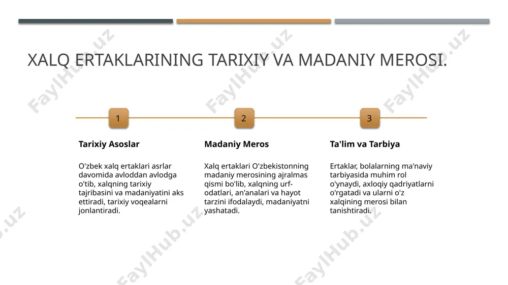 atlarini tanitadi. bu orqali ular o'zligini va kelajagini anglash imkoniyatiga ega bo'lishadi. ertaklar va bolalar: yaxshilikka yo'naltirish usullari. 1 ertaklarning ahamiyati ertaklar bolalarda yaxshi va yomonni ajratish, axloqiy qadriyatlarni tushunish orqali ma'naviy rivojlanishga yordam beradi. ular bolalarga hayotiy darslar beradi. 2 qahramonlar va darslar ertaklardagi qahramonlar bolalar uchun o'rnak sifatida xizmat qiladi. ularning qiyinchiliklarga qarshi kurashi va yaxshi niyatlari bolalarda yaxshilikni o'rganishga yordam beradi. 3 yaxshilik va axloq ertaklar bolalarda yaxshilik va axloqiy qadriyatlarni shakllantirishda muhim rol o'ynaydi. ular bolalarga mehr, hurmat va do'stlikni o'rgatadi. 4 o'zbek ertaklari o'zbek xalq ertaklari bolalarga o'z milliy madaniyatlarini tanitadi. bu, o'z navbatida, bolalarning o'ziga bo'lgan ishonchini oshiradi va ularni ijtimoiy qadriyatlarga yo'naltiradi. o'zbek ertaklaridagi axloqiy saboqlar va ularning ahamiyati. 01 ertaklardagi axloqiy qadriyatlar o'zbek xalq ertaklari, asosan, yaxshilik, adolat va samimiyat kabi axloqiy qadriyatlarni o'rgatadi. bu qadriyatlar bolalarning shaxsiyati va ijtimoiy hayotida muhim o'rin tutadi. 02 qahramonlar va darslar ertaklardagi qahramonlar, ko'pincha, bolalar …
