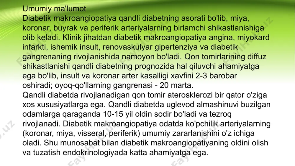 ri va tirnoqlarning qo'ziqorin infektsiyasi va boshqalar) fonida sodir bo'ladi. ). diabetik makroangiopatiyada kamroq aniq qon oqimining buzilishi bilan surunkali trofik yaralar rivojlanadi. diagnostika diabetik makroangiopatiya diagnostikasi koronar, miya va periferik tomirlarning shikastlanish darajasini aniqlash uchun mo'ljallangan. tekshiruv algoritmini aniqlash uchun endokrinolog, diabetolog, kardiolog, qon tomir jarroh, kardiojarroh va nevrolog bilan maslahatlashuvlar tashkil etiladi. qonning biokimyoviy profilini o'rganish glikemiya (qon glyukozasi), lipid spektri ko'rsatkichlari (xolesterin, triglitseridlar, lipoproteinlar), trombotsitlar va koagulogramma darajasini aniqlashni o'z ichiga oladi. diyabetik makroangiopatiyada yurak-qon tomir tizimini tekshirishga ekgni ro'yxatga olish, 24 soatlik ekg va qon bosimi monitoringi, stress testlari (yugurish yo'lakchasi testi, velosiped ergometriyasi), ekokardiyografiya, aorta ultratovush tekshiruvi, miyokard perfuzion sintigrafiyasi (yashirin ishemiyani aniqlash uchun), koronar angiografiya kiradi. kt angiografiyasi. nevrologik holat ultratovush va miya tomirlarining dupleks skanerlashi va miya angiografiyasi yordamida aniqlanadi. diabetik makroangiopatiyada periferik tomir to'shagining holatini baholash uchun ekstremitalarning tomirlarini ultratovush va dupleks skanerlash, periferik arteriografiya, reovasografiya, kapilyaroskopiya va arterial osilografiya o'tkaziladi. diabetik …