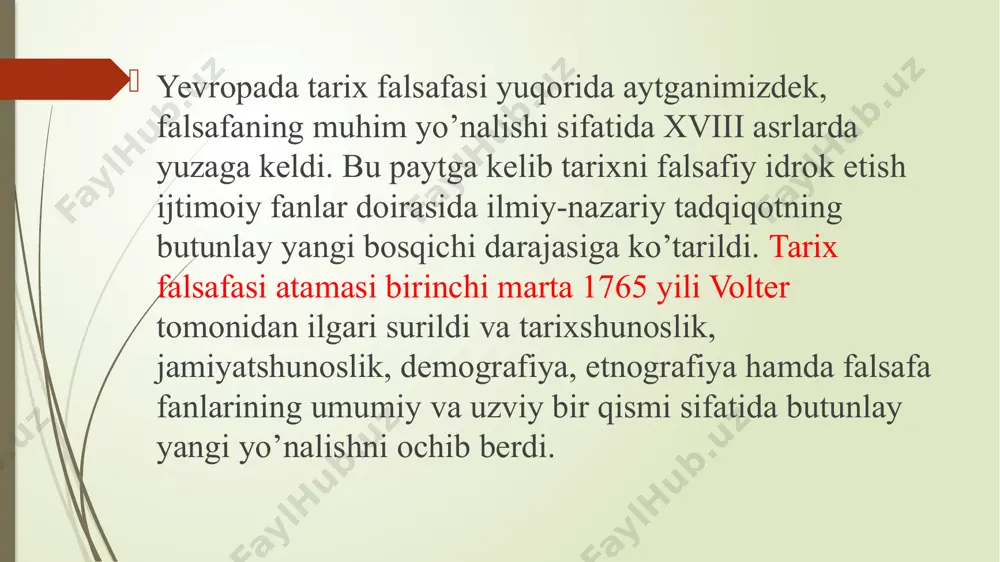 salalarga о‘zgartirish kiritib, ularni yangicha tahlil qildi. ikkinchidan, marksistik falsafaga о‘z munosabatini bildirib, bu falsafa yangi davrda rо‘y berayotgan о‘zgarishlarni izohlashga ojizlik qilayotganini kо‘rsatdi shuning uchun xix-xx asr g‘arb faylasuflari shu vaqtgacha falsafada kam e’tibor berilgan yoki butunlay ishlanmagan masalalarni falsafiy bahs-munozara maydoniga olib chiqdilar. shunday qilib, xix asrning о‘rtalaridan boshlab noan’anaviy (noklassik) yо‘nalishdagi bir qancha falsafiy oqimlar yuzaga kela boshladi. ularning vakillari ijtimoiy taraqqiyot, inson aqli bilan bog‘liq masalalarni qayta kо‘rib chiqibgina qolmasdan, jamiyatdagi ma’naviy bо‘hrondan qutulish choralarini qidirdilar . g. gerder tadqiqotlarida tarix falsafasining fan sifatidagi aniq yo’nalishlari belgilab berildi. tarix falsafasi taraqqiyotida gegel, o. kont, n. ya. danilevskiy, o. shpengler, a. toynbi, p. a. sorokin, k. yaspers, k. popper va boshqalar beqiyos hissa qo’shdilar. anglo-frantsuz tarix falsafasi keyingi yuz yilliklarda jahon tarixini o’rganish, uni tadqiq etishda tsivilizatsiyaviy yovdashuv tendentsiyasi ustuvorlik qilmoqda. bu osvald shpengler falsafasining arnold toynbi tomonidan davom ettirilganligi va lokal tsivilizatsiya nazariyasi mumtoz shaklining vujudga …
