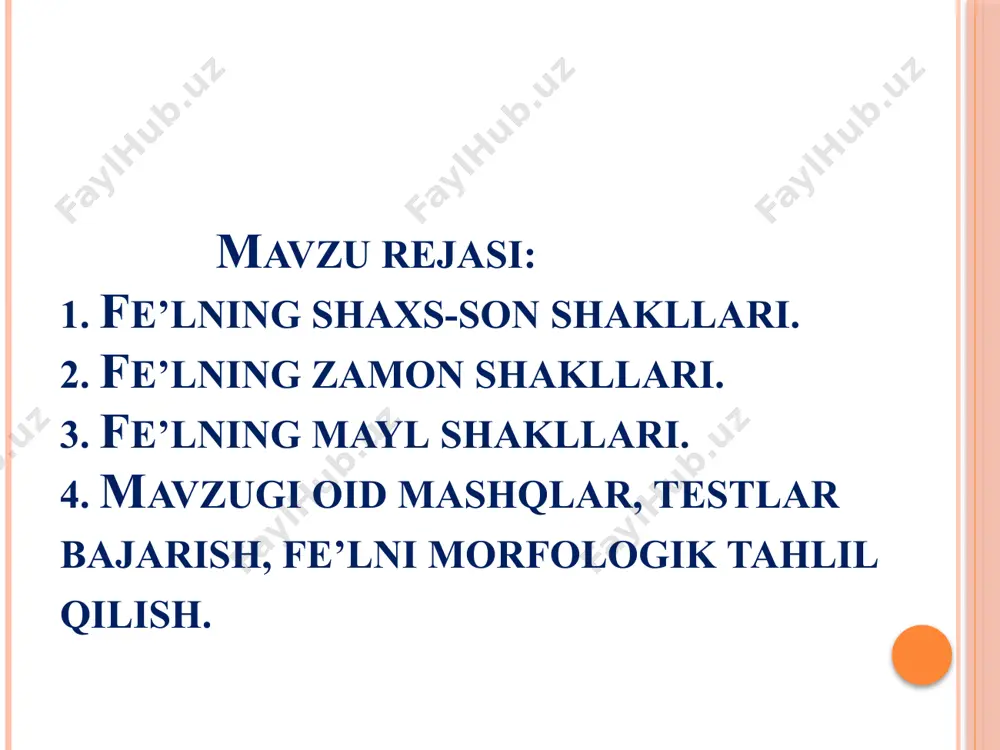 si zamon. o‘tgan zamon fe’li ish-harakatning nutq so‘zlanib turgan paytdan oldin bajarilgan yoki bajarilmaganini bildiradi: yozdi, kelgan. o‘tgan zamon fe’llari o‘z navbatida besh turga bo‘linadi: 1) yaqin o‘tgan zamon fe’llari ish-harakatning yaqin o‘tgan zamonda bo‘lganini bildiradi va bevosita o‘zi ko‘rgan harakatni anglatadi. ular -di qo‘shimchasi va tuslanish yordamida hosil qilinadi: aytdi, oldim; 2) uzoq o‘tgan zamon fe’llari ish-harakatning ancha ilgari bajarilganini bildiradi va -gan qo‘shimchasini qo‘shish va tuslash bilan, shuningdek, edi, ekan, emish to‘liqsiz fe’llaridan birini tuslab keltirish bilan hosil qilinadi. kelganman, kelgan edim, kelgan emish, kelgan ekansan; 3) o‘tgan zamon hikoya fe’li ilgari ro‘y bergan harakat va holatning so‘zlovchi tomonidan eshitib bilganini ifodalaydi; -b(-ib) qo‘shimchasini olgan fe’llarni tuslash orqali hosil qilinadi: yozibman, yozibsan, yozibdi; 4) o‘tgan zamon davom fe’llari nutq so‘zlanib turgan paytdan ilgari davomi bo‘lgan yoki takrorlanib turgan harakatni ifodalaydi; -r(-ar), -moqda, -yotgan qo‘shimchalarini olgan fe’lga edi to‘liqsiz fe’lini qo‘shish va tuslash orqali hosil qilinadi: yozar edim, yozmoqda …