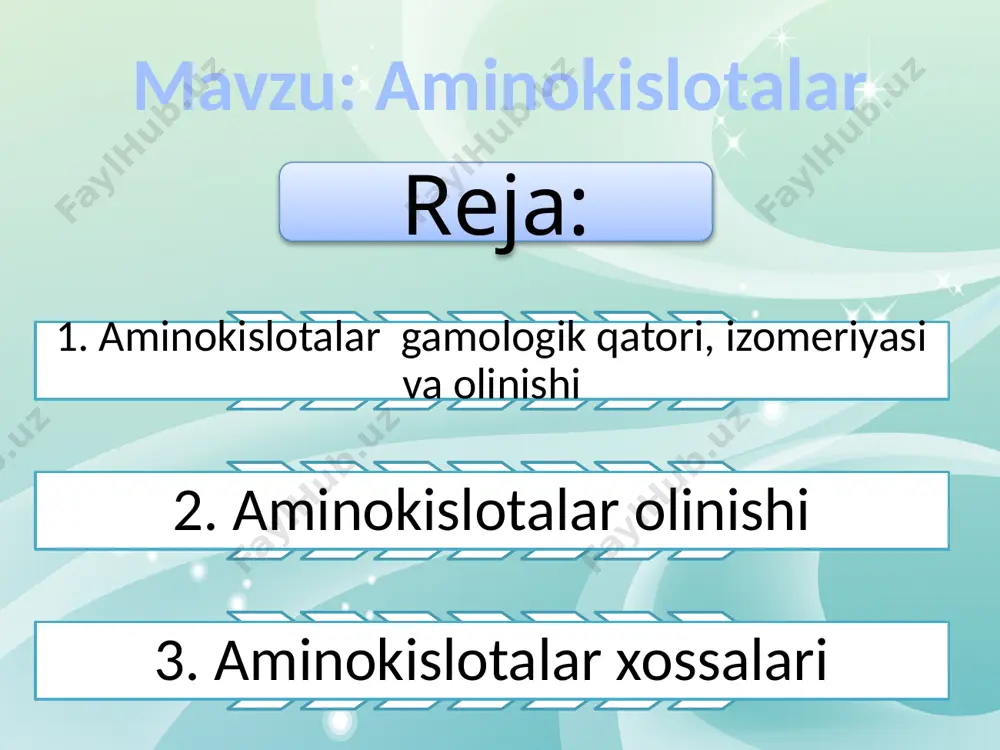 ar -to`yinmagan kislotalar va  -aminokislotalar esa laktamlar hosil qiladi: aim.uz  - aminokislotalar qizdirilganda ochiq zanjirli oligopeptidlar yoki polipeptidlar hosil bo`lishi mumkin. umuman, aminokislotalar amfoter birikmalar bo`lib, asoslar bilan ham, kislotalar bilan ham reaksiyaga kirishib tuzlar hosil qiladi. ular aminoguruh hisobiga va karboksil guruh hisobiga alohida reaksiyalarga kirishadi. m-n, nitrit kislota ta'sirida  -aminokislotalar diazobirikmalarga aylanadi. odatda bu reak-siyada aminokislota efiridan foydalaniladi: aim.uz aminokislotalar oqir metallarning ionlari bilan kompleks birikmalar hosil qiladi. m-n: suvda eruvchan komplekslar hosil qiluvchi aminokislotalar kompleksonlar deb ataladi. eng muhim kompleksonlardan biri etilendia-mintetrasirka kislota (trilonb) dir: aim.uz oqsillar ham amfoter xossaga ega bo`lib birlamchi, ikkilamchi va uchlamchi tuzilishga egadir. oqsillarning polipeptid molekulasidagi  -aminokislota qoldiqlarining ketma-ketligi ularning birlamchi strukturasi deyiladi. oqsillarning ichki ( -) va molekulalararo (π -) vodorod boqlari hosil bo`lishi tufayli spiralsimon tuzilishi ularning ikkilamchi strukturasi deb ataladi. silindrsimon -spirallarning fazoda turlicha joylashishi va makromolekula turli qismlarida s-s disul'fid ko`priklarini hosil qilishiga oqsillarning …