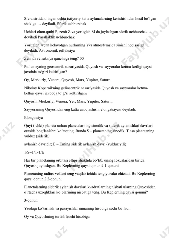 hisobiga sodir bo’ladi. oy va quyoshning tortish kuchi hisobiga yerning ekvatоrial radiusi qutbiy radiusidan qanchaga оrtiq 21,5 km bahorgi teng kunlik nuqtasining ildamlanish hodisasi … deyiladi. pretsessiya pretsessiya davri qanchaga teng. 26000 yil oyning siderik davri qanchaga teng? 27,32 sutka oyning sinodik davri qanchaga teng? 29,53 sutka oyning o'z orbitasi bo'ylab harakat tezligi qancha? 1,02 km/s oy yerdan eng katta uzoqlashish masofasi qanday ataladi? apogey oy yerdan eng yaqinlashish masofasi qanday ataladi? peregey quyosh tutilishi uchun oy qaysi fazada bo’lishi kerak ? yangioy oy tutilishi uchun oy qaysi fazada bo’lishi kerak ? to’linoy birinchi kosmik tezlikning qiymati qancha? 7,9 km/s ikkinchi kosmik tezlikning qiymati qancha? 11,2 km/s uchinchi kosmik tezlikning qiymati qancha? 16,65 km/s agar jism 7,9 km/s tezlikdan kichik boshlang’ich tezlik olsa uning trayektoriyasi qanday bo’ladi ? jism yerga qaytib tushadi agar jism 7,9 km/s boshlang’ich tezlik olsa uning trayektoriyasi qanday bo’ladi ? aylanma agar jism 7,9 km/s tezlikdan …
