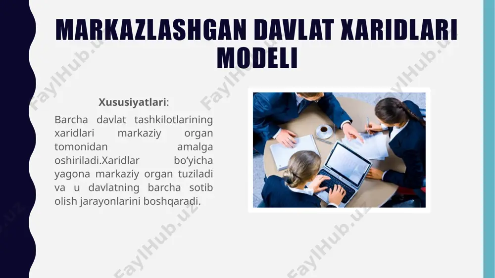 q mustaqillik beradi va jarayonlarni tezlashtiradi. gibrid model esa ikkala modelning afzalliklarini birlashtirib, davlat xaridlarini yanada samarali qilishga yordam beradi. davlat xaridlarini to‘g‘ri model asosida tashkil etish davlat mablag‘laridan oqilona foydalanish, iqtisodiy rivojlanish va davlat sektorida raqobat muhitini yaratishga yordam beradi. shu sababli, davlat xaridlari tizimini har bir davlat o‘zining iqtisodiy, ijtimoiy va texnologik salohiyatiga qarab tanlashi va moslashtirishi kerak foydalanilgan adabiyotlar "o‘zbekiston respublikasining davlat xaridlari to‘g‘risida"gi qonuni – ushbu hujjat o‘zbekiston respublikasi qonun hujjatlari to‘plamida keltirilgan bo‘lib, davlat xaridlari jarayonlarini tartibga soluvchi asosiy normativ huquqiy hujjatdir. o‘zbekiston respublikasi prezidentining farmonlari va qarorlari – xususan, davlat xaridlarini isloh qilish, elektron xarid tizimlarini joriy qilish, shaffoflikni oshirish va korrupsiyaga qarshi kurashishga oid qarorlar. moliya vazirligining rasmiy veb-sayti va materiallari – o‘zbekiston respublikasi moliya vazirligi davlat xaridlari tizimi va uning islohoti bo‘yicha rasmiy ma’lumotlarni, hisobotlarni va yangiliklarni muntazam chop etib keladi. "xalq so‘zi" gazetasi – davlat xaridlari tizimining rivojlanishi, islohotlar va xalqaro …