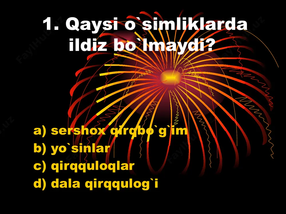 ing yo’qligi d) jinsiy a’zolarini ko’p hujayrali bo’lishi. 14. yo’sinlarning arxegoniylari ichida hosil bo’lgan zigota o’sib, nimaga aylanadi? a) qisqabandli sporangiyband b) yangi yo’sin c) yashil ipcha d) kurtaklar 15. yo’sinlarning arxegoniylari ichida hosil bo’lgan zigota o’sib, nimaga aylanadi? a) qisqabandli sporangiyband b) yangi yo’sin c) yashil ipcha d) kurtaklar 16. nam tuproqqa tushgan spora o’sib, tuzilishi ipsimon suvo’tiga oxshab ketadi. ip shoxlarida kurtaklar paydo bo’ladi. har bir kurtakdan… o’sib chiqadi? a) qirqbo’g’im b) funariya yo’sini c) qirqquloq d) sershox qirqbo’g’im 17. yo’sinlarning qaysi qismida jinsiy a’zolar bo’ladi? a) poya uchidagi ko’sak ichida b) poya uchidagi barglar orasida c) poya uchidagi naylarda d) poyadagi barglarning orqa qismida 18. quyidagi belgilar qaysi o’simlik uchun xos? barglari poyada ketma-ket o’rnashgan, barglari bir qavat, poyada o’troq joylashgan bo’ladi”. a) funariya b) qirqquloq c) qirqbo’g’im d) zuxrasoch 19. funariya yo’siniga xos bo’lgan belgilarni aniqlang. 1. poya, barg, ildizi bor 2. poya, barg, rizoidi bor …