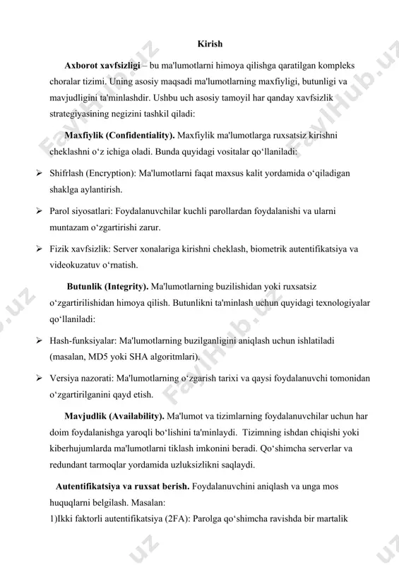 ishning eng samarali usullaridan biri shifrlash hisoblanadi. shifrlash jarayonida ma'lumotlar maxsus algoritmlar yordamida o'qilmaydigan shaklga keltiriladi. shifrlangan ma'lumotlarni faqat maxsus kalit yordamida ochib o'qish mumkin bo'ladi. aes (advanced encryption standard) va rsa (rivest-shamir-adleman) kabi shifrlash algoritmlari axborotni himoya qilishda keng qo'llaniladi. identifikatsiya va autentifikatsiya: identifikatsiya foydalanuvchini aniq belgilab olish jarayonidir. autentifikatsiya esa foydalanuvchining kimligini tasdiqlash jarayoni hisoblanadi. bunga misol sifatida parollar, biometrik ma'lumotlar (barmoq izi, yuz aniqlash) va ko'p omilli autentifikatsiya usullarini keltirish mumkin. 3. to’g'ri buyruqlarni boshqarish (access control): bu usul foydalanuvchilarga axborot va tizim xavfsizligini ta'minlash maqsadida ma'lumotlarga kirishni boshqarishni ta'minlaydi. acl (access control list) va rbac (role-based access control) kabi texnologiyalar bu jarayonni amalga oshirishda yordam beradi. 4. axborotlarni zaxiralash: axborot xavfsizligini ta'minlashda ma'lumotlarni doimiy zaxiralash juda muhim. tizim nosozlik yoki kiberhujumlar natijasida ma'lumotlarning yo'qolishi ehtimolini kamaytirish uchun ma'lumotlarni zaxiralash kerak. masaalan, 3-2-1 zaxira qoidasi: 3 nusxa (asl nusxa va 2 zaxira nusxa), 2 turli xil ommaviy …