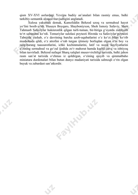 llar bo‘ldi. bu yillar orasida u ahyon-ahyonda ona yurti hirotga ham borib kelib turgan. 1522-yilda shoh ismoil safaviy maxsus farmon chiqarib, behzodni tabrizdagi saltanat kutubxonasiga boshliq etib tayinlaydi. sekin asta og‘ir kunlarni boshdan kechirib, 1537-yilda hirotda olamdan o‘tadi. uni ham hirot aholisi chuqur iztirob ila, ko‘hi muxtor tog‘i yonbag‘riga, jiyani va shogirdi rustam alining qabri yoniga dafn qiladilar. behzod miniatura san’ati tarixida maxsus maktab “behzod maktabini” yaratdi. u real hayot hodisalari va tabiatni tasvirlash uslubi, bo‘yoqlardan foydalanish vositalari, rasmga olinayotgan voqealarni nozik chiziqlarda ifodalash yo‘llari, inson kayfiyati va xarakatini aks ettira bilishdagi ustaligi, rasm kompozitsiyasining kengligi va turli-tuman hodisalarni qamrab ola bilishi, ajoyib estetik zavq uyg‘otishi bilan miniatura san’atini yangi bosqichga ko‘tardi, uning tarixida yangi davr yaratdi. behzod ijodi va merosini o‘rganuvchi mutaxassislar fikricha, uning hozirgacha ma’lum bo‘lgan asarlari tahminan 30 ta rasm va rasmlar turkumidan iborat, ulardan eng mashxurlari quyidagilar: 1.sharafiddin ali yazdiyning “zafarnoma”siga ishlangan miniaturalar. 2. husayn boyqaroning …