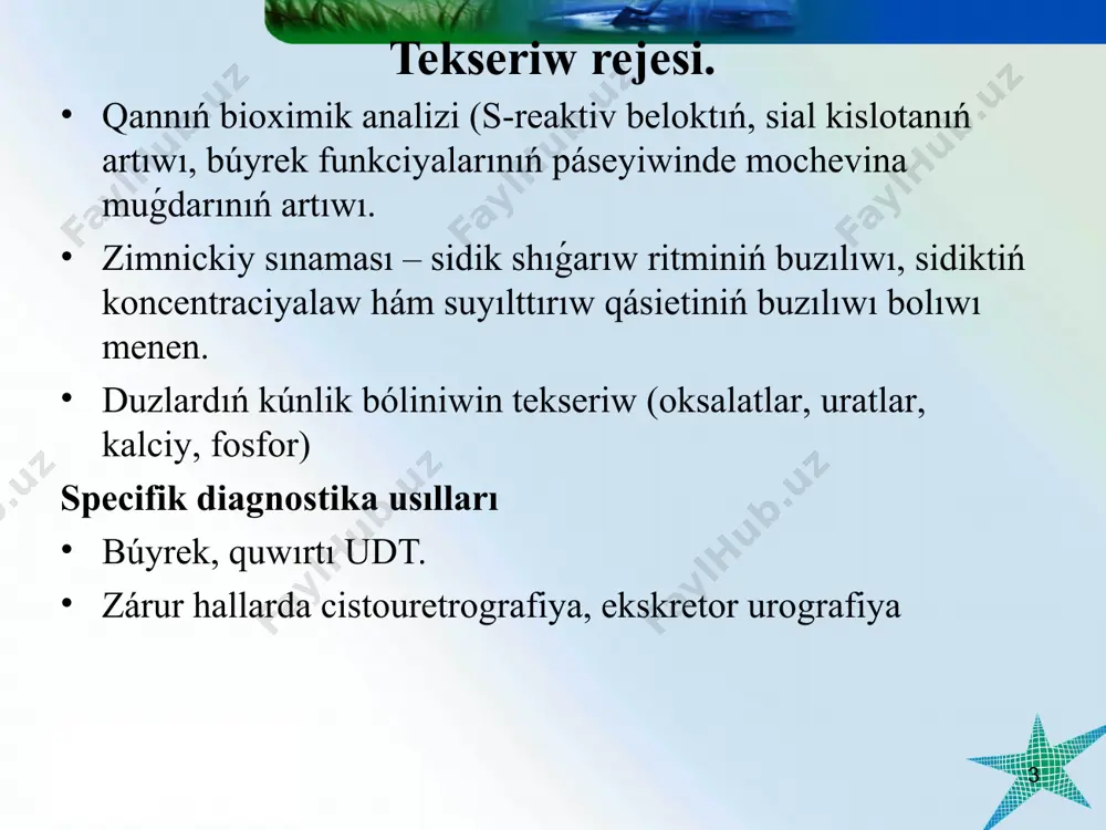 i hám de kem muǵdarda suyıqlıq ishiwi kerek. uyqıdan aldın bala sidik qaltasın tolıq bosatıwı lazım. bunda álbette saattı belgilew kerek. keyin 12 saat ishinde (balanıń ıqtıyarıy túrde siyiwi) sidik ıdısqa jıynaladı. sidikti konservaciyalaw maqsetinde timol kristalı salınadı yáki trikrizol tamshısı tamızıladı. azanda bala aqırǵı márte quwıǵın bosatadı (saattı belgilew kerek), bunnan soń sidik tekseriledi. balalarda addis-kokovskiy usılı boyınsha sidikte shókpe elementleri tekserilgende normada leykocitler – 2 mln, eritrocitler – 1 mln hám cilindrler – 20 mıń di quraydı. * ambruje usıli. joqarıda keltirilgen usıldan parqlı, sidik 3 saat ishinde (8-11saat ishinde) jıynaladı. goryaev kamerasında shókpe elementleri anıqlanǵannan soń, olardıń 1 minutta ajıratılǵan muǵdarı anıqlanadı. ádette ambruje usılında sidik jıynalǵanda bir minutta ul balalarda 1500 ge shekem leykocitler hám 1000 eritrocitler, qız balalarda bolsa 2000 hám 1000 dı quraydı. * nicheparenko usılı. belgili bir waqıt araliǵında sidikti jıynaw ushın qıyınshılıq tuwılǵanda qollanıladı. tekseriw ushın turıp qalmaǵan sidik alınadı, 5-10 ml …