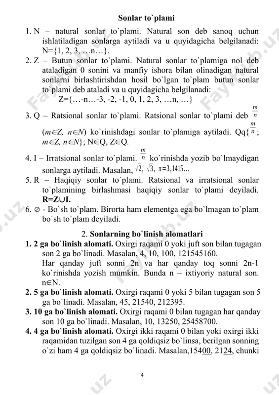 6 ga bo`linish alomati. 3 ga bo`linadigan juft sonlar va faqat shunday sonlar 6 ga qoldiqsiz bo`linadi. masalan, 240, 5148, 7122 – juft sonlar, shu bilan birgalikda raqamlar yig`indisi 6, 18, 12. bu sonlar 3 ga qoldiqsiz bo`linadi. shuning uchun yuqoridagi sonlar 6 ga qoldiqsiz bo`linadi. 7. 8 ga bo`linish alomati. uchta nol bilan tugagan yoki oxirgi 3 ta raqamidan tuzilagn son 8 ga bo`linadigan sonlar 8 ga qoldiqsiz bo`linadi. masalan, 1000, 545024, 545120. 8. 11 ga bo`linish alomati. juft o`rinda turgan va toq o`rinda turgan raqamlarining yig`indisi teng yoki yig`indilarining ayirmasi 11 ga bo`linsa, uholda berilgan sonning o`zi ham 11 ga qoldiqsiz bo`linadi. 9. 12 ga bo`linish alomati. 3 ga ham, 4 ga ham bo`linadigan sonlar 12 ga ham bo`linadi. 3. qoldiqli bo`lish agar m, n, p va r natural sonlar bo`lsa, u holda mqnpqr tenglik qoldiqli bo`lishni bildiradi. bu erda m –bo`linuvchi, p – bo`linma, n – bo`luvchi …