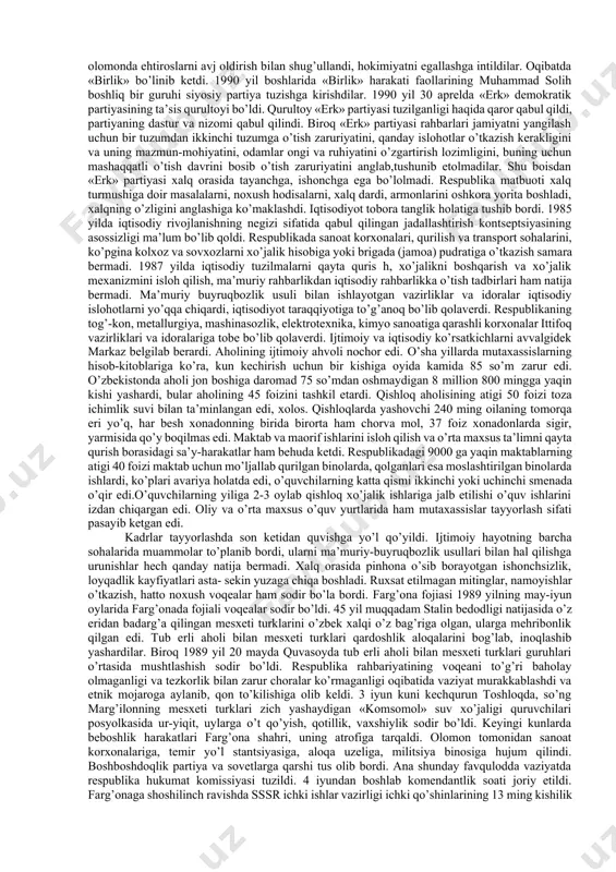 i bo’g’ar edi. oddiy korxonadan tumangacha, viloyatdan respublikagacha, respublikadan markazgacha haqiqiy ahvolni bo’yab ko’rsatish, barcha darajadagi rahbarlarni maqtash, ular nomiga hamdu-sanolar o’qish rasm bo’lib qolgan edi. oqibatda dunyoda eng kuchli ikki davlatdan biri, deb hisoblanib kelingan sobiq sssr turg’unlik holatiga uchradi. kpss markaziy qo’mitasining 1985 yil aprelda bo’lgan plenumi noxush tendentsiyalar yig’ilib, sssr inqiroz oldi vaziyatga tushib qolganligini ilk bor etirof etdi. mazkur plenum jamiyatni «qayta qurish» orqali iqtisodiyotni ko’tarish, xalqning turmushini yaxshilash siyosatini belgiladi. 1985 –1986 yillarda markazdagi rahbariyat tomonidan jiddiy o’zgarishlar qilish zarurligi anglandi. biroq ahvolning nihoyatda murakkabligi hali to’la idrok etilmagan edi. markazdagi rahbarlar hamon sotsializm «afzallik»laridan foydalanib, jamiyatni «qayta qurish»ga, sotsializmni yaxshilashga umid bog’lar edi. ammo ular mamlakatni sotsializmning o’zi, u yaratgan totalitar siyosiy, iqtisodiy tuzum inqirozga olib kelganligini payqamagan edi. 1987 yildagi mavjud siyosiy tuzumni va iqtisodiyotga partiyaviy rahbarlikni saqlab qolgan holda xo’jalik mexanizmini isloh qilish yo’lidagi urinish ham samara bermadi. iqtisodiy islohotlar tez orada …