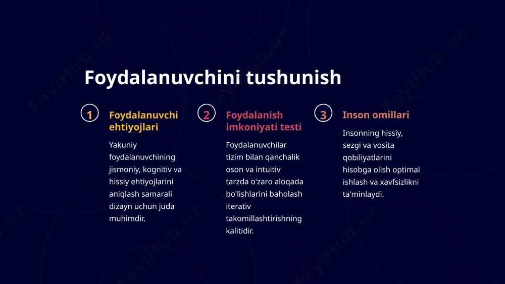 oydalanuvchilarni zarar yoki shikastlanishdan himoya qilish uchun potentsial xavflarni aniqlash va yumshatish. 5 axloqiy mulohazalar adolat tizimlarning barcha foydalanuvchilar uchun ochiq va xolis bo'lishi uchun yaratilganligini ta'minlash. xavfsizlik foydalanuvchilar, ishchilar va keng jamoatchilikning farovonligi va himoyasiga ustuvor ahamiyat berish. mas'uliyat muhandislik qarorlarining kengroq ijtimoiy va atrof-muhitga ta'sirini hisobga olgan holda. 6 muhandislik psixologiyasining kelajagi sun'iy intellekt vaqt o'tishi bilan foydalanuvchi ehtiyojlarini o'rgana oladigan va moslasha oladigan sun'iy intellektga asoslangan tizimlarni loyihalash. immersiv tajribalar intuitiv va jozibali interfeyslarni yaratish uchun virtual va kengaytirilgan haqiqatdan foydalanish. inson va robot hamkorligi odamlar va aqlli mashinalar o'rtasidagi uzluksiz va samarali shovqinlarni osonlashtirish. 7 fanlararo yondashuv muhandislik tizimlar, mahsulotlar va muhitlarni loyihalash psixologiya insonning xulq-atvori, idroki va ishlashini tushunish dizayn foydalanuvchi tajribasi va o'zaro ta'sirini optimallashtirish inson omillari inson va texnologiya o'rtasidagi munosabatlarni tahlil qilish 8 karyera imkoniyatlari foydalanuvchi tajribasi dizayni iste'molchi mahsulotlari va korporativ dasturiy ta'minot uchun intuitiv va samarali interfeyslarni loyihalash. foydalanish muhandisligi …