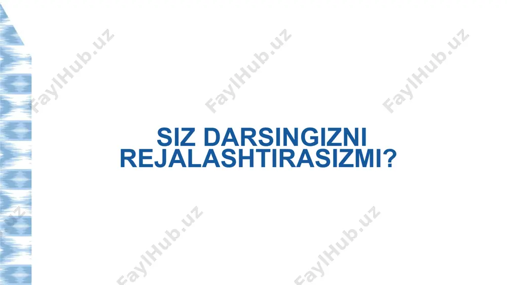 sadlari o‘quvchilar xavfsizlik qoidalariga rioya qiladilar, guruhda hamkorlikda ishlaydilar. ishtirokchilarga shablon tarqatiladi. o’qituvchilar sinflar kesimida ixtiyoriy bir mavzuni tanlab, tanlagan mavzusiga dars maqsadlarini yozishadi. (hamkorlikda yoki guruhda bajarsa ham bo’ladi). 16 keyingi qadamlar mos yondashuv va resurslarni tanlash faoliyatni rejalashtirish baholash mezonlarini ishlab chiqish dars bosqichlarini belgilash yondashuvlarni o‘quvchilarning qiziqish va ehtiyojga qarab tanlash o‘quvchi turi mos o‘quv faoliyatlari nima uchun? faol va harakatchan rolli o‘yin, amaliy tajriba, harakatli o‘yinlar harakat orqali yaxshiroq o‘rganadi analitik fikrlovchi savol-javob, grafik tahlil, muammo asosida o‘rganish (pbl) mantiqiy asoslashni yaxshi ko‘radi tasavvur kuchli o‘quvchi vizual metodlar (video, chizma, model), mental xaritalar tasviriy ko‘rsatmalar orqali tushunadi ijtimoiy o‘quvchi juftlik/guruhli ish, debat, loyiha ishlari boshqalar bilan fikr almashib o‘rganadi yozma ifodaga moyil ish varaqalari, esse, konspekt yozib o‘rgansa samarali 18 chiqish chiptasi boshbarmoq ishorasi oʻqituvchining savollari guruh ishini tahlil qilish sinfda bajarilgan vazifalarni baholash ikki daqiqalik xulosa loyihalarni qiyosiy baholash qorboʻron ballari formativ baholash uchun misollar: …