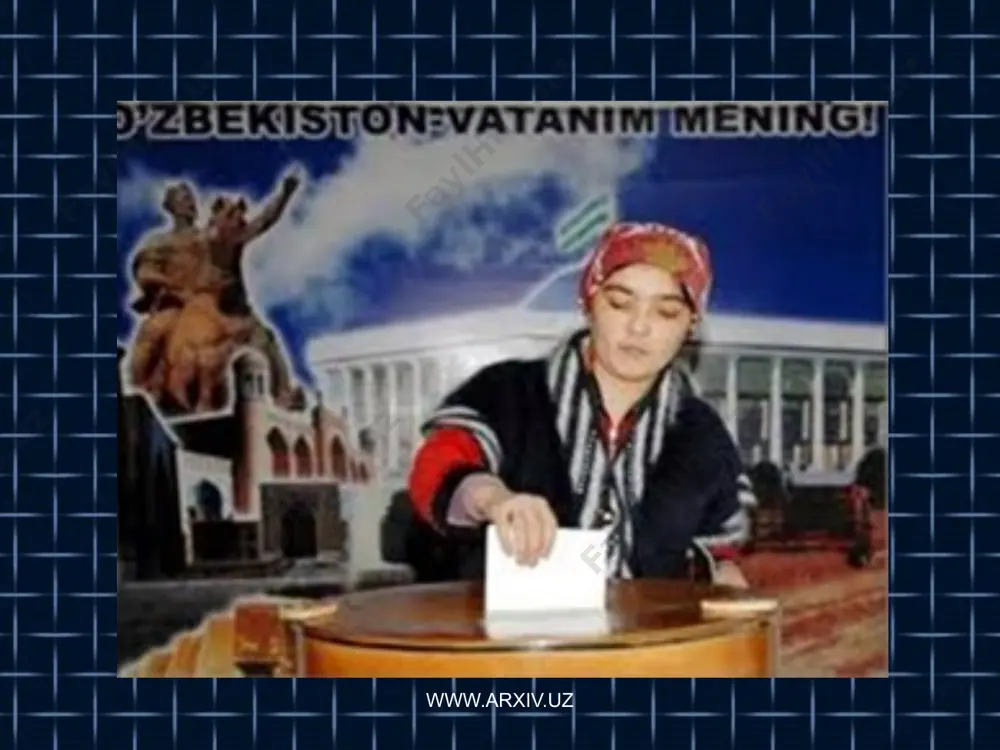 asi konstitutsiyasi. toshkent., 2001 karimov i.a. buyuk kelajagimizning huquqiy kafolati. t.: shark, 1993. karimov i.a. o`zbekiston xxi asrga intilmokda. t.: o`zbekiston, 1999. tadjixanov u., saidov a. islom karimov konstitutsiya haqida. t.: akademiya, 2001 y. www.arxiv.uz image10.jpeg image11.jpeg image12.jpeg image13.jpeg image14.jpeg image1.jpeg image2.jpeg image3.jpeg image4.jpeg image5.jpeg image6.jpeg image7.jpeg image8.jpeg image9.jpeg