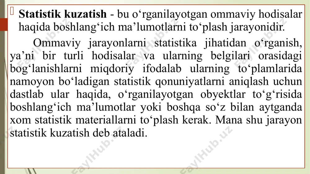 q degan savollarni yozish noo‘rin bo‘lardi; ikkinchidan, dasturda shunday savollarni (belgilarni) aks ettirish kerakki, ular yordamida kuzatilayotgan hodisani chuqurroq o‘rganish va olingan ma’lumotlarni tekshirish imkoniyatlari yaratilsin. statistik formulyar - kuzatish ma’lumotlari qayd qilinadigan hujjat. yo‘riqnoma har bir statistik formulyar uchun alohida tuziladi. u har xil nom bilan yuritiladi, jumladan hisobot formasi, ro‘yxatga olish varaqasi, so‘rovnoma (anketa), tabel, nakladnoy, yo‘l varaqasi va hokazolar. statistik formulyar ikki xil bo‘ladi: yakka predmetli formulyar. ko‘p predmetli formulyar. kuzatish joyi - bu kuzatish birligi joylashgan makon. kuzatish joyi deganda makon yoki boshqa so‘z bilan aytganda o‘rganilayotgan hodisa ro‘y berayotgan joy tushuniladi. hisobotda, asbob-uskunalar ro‘yxatida va boshqa iqtisodiy resurslarni har xil shakl va usullarda kuzatishda korxona, tashkilot va muassasa joylashgan joy kuzatish joyi hisoblanadi. statistik kuzatish vaqti - bu kuzatish tenglashtirilgan fursat (payt) va o‘tkaziladigan muddat. umuman keng ma’noda qaralganda, kuzatish vaqti hodisani o‘rganish davridir, ya’ni uni tekshirish boshlangandan, to ma’lumotlarni olish nihoyasiga yetguncha o‘tgan vaqt …