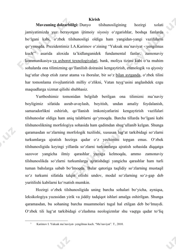 qaraganda qiyinroq kechadi. muammoning o‘rganilganlik darajasi boshqa tillarda bo‘lgani kabi o‘zbek tilshunosligida ham ot tarkibidagi so‘zlar bajarayotgan vazifalariga ko‘ra an’anaviy ravishda mustaqil so‘z turkumlari, yordamchi so‘z turkumlari deb keyinchalik esa ular mustaqil, yordamchi va alohida so‘z turkumlari sifatida, hatto mustaqil, yordamchi va oraliq so‘z turkumlari deb talqin etila boshlandi. zamonaviy tilshunoslikda esa so‘zlarni turkumlarga ajratish sintaktik ma’noviy va morfologik nuqtai nazardan tadqiq etilmoqda. garchi ushbu mavzu tilshunoslar tomonidan atroflicha o‘rganilgan bo‘lsa-da ularda hanuzga qadar bir to‘xtamga kelinmaganligining guvohi bo‘lamiz. tilimizning lug‘at tarkibida o‘zimizniki bo‘lgan so‘zlardan tashqari boshqa tillardan o‘zlashgan so‘zlar ham mavjud. bu tabiiy holdir. chunki o‘zbеk xalqi o‘z tarixining turli davrlarida boshqa xalqlar bilan iqtisodiy, madaniy, siyosiy aloqada bo‘lib kеlgan. mana shu aloqa-aralashuv natijasi o‘laroq tilimizga boshqa tillardan so‘zlar kirib, o‘zlashib kеtgan. shu nuqtai nazardan adabiy til so‘zarini tarixiy kеlib chiqishiga ko‘ra ikki guruhga ajratish mumkin: 1. o‘z qatlam so‘zari. 2. o‘zlashgan qatlam so‘zari. o‘z qatlam so‘zari. o‘z qatlamga …