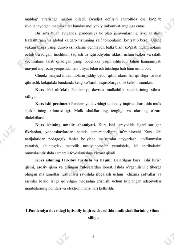 cha ta’lim muassasalari vaqtincha yopilgan bо‘lsa (2020 yil 16 mart), uning ortidan ba’zi davlat xizmatlari tо‘xtatildi (masalan, sud majlislari va jamoat transporti), savdo markazlari, korxonalar va bozorlar (oziq-ovqat bozorlari va dorixonalar bundan mustasno; 2020 yil 19 mart) yopildi. shuningdek, tijorat faoliyatini iloji boricha masofaviy xizmatlarga kо‘chirildi (2020 yil 24 mart). butun mamlakat bо‘ylab karantin choralari va “о‘zini о‘zi yakkalash” (izolyatsiya) tartibi joriy qilindi.favqulodda choralar muhim deb hisoblangan korxonalar yoki alohida muassasalar uchun taalluqli emas. [2: vazirlar va davlat organlari rahbarlaridan 25 kishilik komissiya tuzilgan. hozirda komissiyada ikkita ayol bor: sog‘liqni saqlash vaziri va maktabgacha ta’lim vaziri. qarang: «о‘zbekiston respublikasiga koronavirusning yangi turi kirib kelishi va tarqalishining oldini olish yuzasidan chora-tadbirlar dasturini tayyorlash bо‘yicha respublika maxsus komissiyasini tashkil etish tо‘g‘risida” о‘zbekiston respublikasining farmoni. https://lex.uz/docs/4720398 ] [3: о‘zbekiston respublikasi sog‘liqni saqlash vazirligi huzuridagi sanitariya-epidemiologiya agentligi ma’lumotlari. ] ijtimoiy masofani ta’minlab, epidemiologik standartlarga javob beradigan yoki biznes jarayonlarini onlayn yoki masofadan turib amalga …