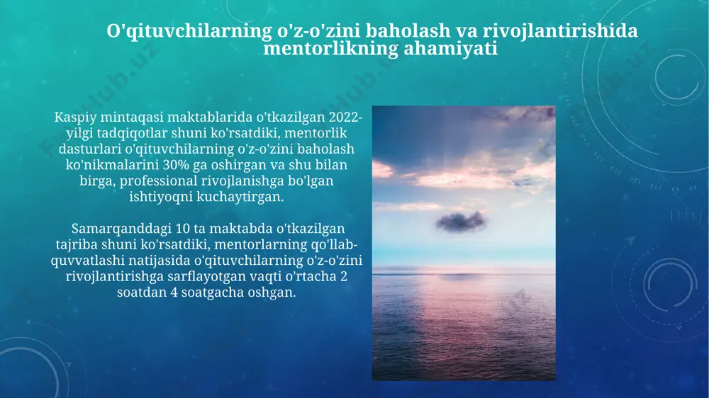 o'qituvchilarning pedagogik innovatsiyalarni qo'llash ko'rsatkichi 15% ga oshgan. innovatsion ta'lim usullarini qo'llashda mentorlikning ahamiyati kaspiy mintaqasidagi 50 dan ortiq maktabda o'tkazilgan tadqiqotlar shuni ko'rsatdiki, innovatsion ta'lim usullarini qo'llashda mentorlarning yordami o'quvchilarning 20% ga yaqin bilim olish samaradorligini oshirgan. mentorlarning qo'llab-quvvatlashi tufayli, turkmanistonning 3 ta viloyatida joylashgan maktablarda interfaol o'quv dasturlarini joriy etish vaqtini 15% ga qisqartirishga erishildi. kaspiy mintaqasi o'qituvchilari uchun mentorlik dasturlarining samaradorligi turkmanistonning balkan viloyatida o'tkazilgan mentorlik dasturida 30 nafar o'qituvchi ishtirok etdi va natijada o'quvchilarning matematika va tabiiy fanlar bo'yicha o'rtacha ballari 10 ballga ko'tarildi. aqtau shahridagi 5 ta maktabda amalga oshirilgan pilot loyiha natijalariga ko'ra, o'qituvchilarga taqdim etilgan individual yordam va amaliy mashg'ulotlar natijasida 80% o'qituvchilarning professional kompetensiyasi sezilarli darajada oshgan. kelajakdagi tadqiqot yo'nalishlari va tavsiyalar turkmaniston va ozarbayjonning innovatsion pedagogik uslublarini oʻrganish va kaspiy mintaqasi maktablariga moslashtirish boʻyicha 3 ta pilot loyihani amalga oshirish orqali ta’lim sifatini yaxshilash mumkin. qoraqalpogʻiston respublikasida 5 yildan ortiq tajribaga …