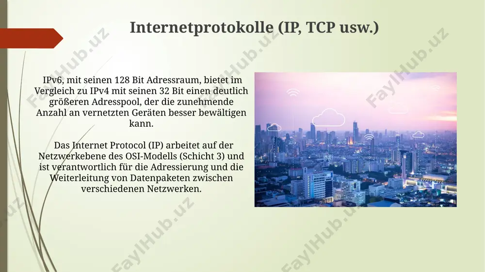 übersetzen menschlich lesbare domainnamen wie google.de in ip-adressen (z.b. 172.217.160.142), was für die navigation im internet essentiell ist. das internet basiert auf einem tcp/ip-modell mit vier schichten, die datenpakete über verschiedene netzwerke weltweit übertragen, inklusive über 100 millionen server und milliarden von geräten. risiken und gefahren im internet online-betrug verursacht jährlich schäden in milliardenhöhe, wobei phishing-angriffe mit gefälschten e-mails und webseiten über 80% der fälle ausmachen. datenschutzverletzungen durch datenlecks betreffen millionen von nutzern und führen zu identitätsdiebstahl und finanziellen verlusten; über 50% der unternehmen hatten bereits einen datenleck. die zukunft des internets der web3-ansatz mit dezentralisierten anwendungen (dapps) und blockchain-technologie könnte die datenhoheit der nutzer stärken und neue geschäftsmodelle im metaverse hervorbringen. prognosen erwarten bis 2030 eine verzehnfachung des globalen datenverkehrs, was massive investitionen in die 6g-infrastruktur und neue datenzentren erfordert. vielen dank für ihre aufmerksamkeit @taqdimot_robot image1.jpg image2.jpg image3.jpg image4.jpg image5.jpg image6.jpg image7.jpg image8.jpg image9.jpg image10.jpg image11.jpg image12.jpg
