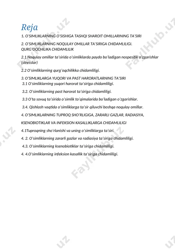 ardinal nuqtasi bor : 1) minimal, 2) optimal, 3) maksimal. bu nuqtalar darajasi o’simliklarning turlariga bog’liq. quyidagi jadvalda ayrim o’simliklarning urug’larining unib chiqishi uchun harorat darajalari keltirilgan (00 c ). o’simliklarning nomi minimal optimal maksimal arpa,so’li, bug’doy kurgaboqar makkajo’xori oshqovoq qovun, bodring g’o’za 0 - 5 5 - 10 5 - 10 10 -15 15 - 18 10 – 12 25 - 31 31 - 37 37 - 44 37 – 44 31 – 37 25 – 35 31 - 37 37 - 44 44 - 50 44 - 50 45 - 50 40 - 46 haroratning minimal va maksimal nuqtalarida o’sish eng past darajada bo’ladi yoki to’xtaydi. lekin nobud bo’lmaydi. o’sishning to’xtab qolishi uzoqqa cho’zilganda o’simlik kasallikka chalinishi yoki asta-sekin nobud bo’lishi mumkin. optimal harorat darajasi o’sishning eng faol bo’lishini ta’minlaydi. o’simliklar haroratga bo’lgan munosabatlari asosida bir necha guruhga bo’linadi : 1) issiqsevar o’simliklar - minimal harorat darajasi 10 …