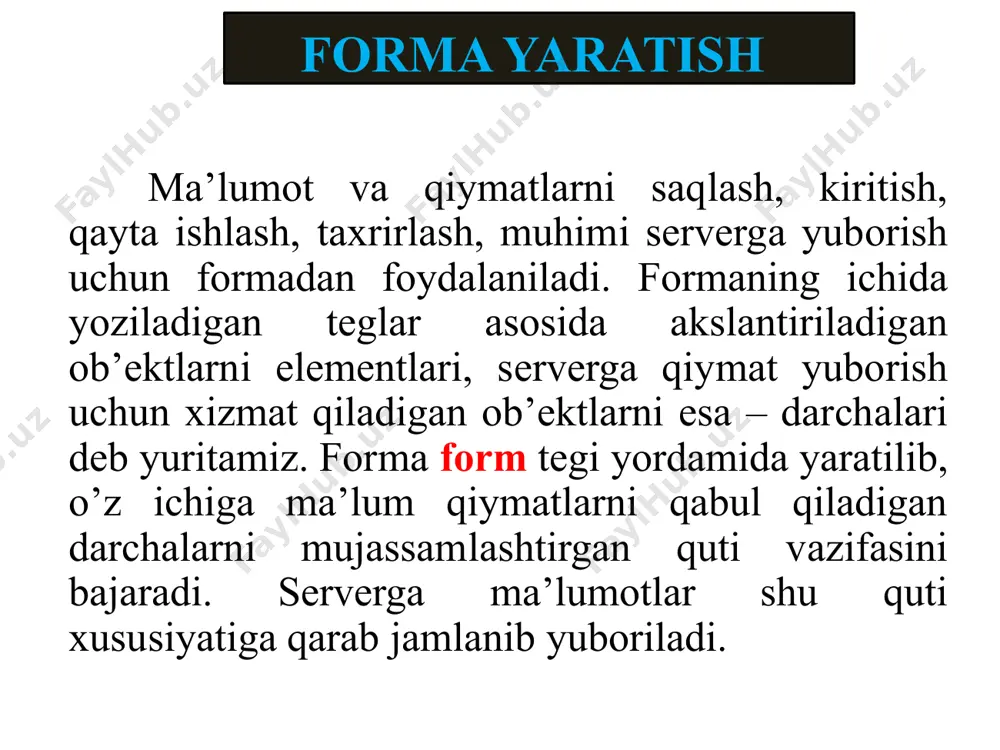 ordamida serverga hamma ma’lumotlar bitta fayl sifatida jo’natiladi. forma yaratish name – formaning nomi. agar veb-sahifada bir necha forma ishtirok etsa, ularning nomlari takrorlanmaydigan bo’lishi talab etiladi. skriptlar yordamida formaga uning nomi bo’yicha murojaat qilishni ta’minlaydi. qiymati: identifikator. novalidate – odatda darchalarga kiritidgan qiymatlar yuborishdan oldin talab etilgan andozaga to’g’ri kelishi tekshiriladi, agar ushbu alomat ko’rsatilsa, tekshiruv o’chiriladi. target – serverdan qaytgan javob qayerda akslanishini ko’rsatadi. input darchasi forma elementlari ichida eng murakkabi input darchasi hisoblanadi, u ko’rsatidgan turiga qarab bir necha xil qiymatlarni qabul qiladi va ob’ektning ko’rinishi ham shunga mos ravishda o’zgaradi. u yopilish qismi mavjud bo’lmagan input tegi orqali ifodalanadi, ya’ni barcha xususiyatlari faqat alomatlar yordamida beriladi. input darchasi accept – faqat fayl yuborilayotgan holda ushbu fayl turi yoki uning andozasi ko’rsatiladi. masalan: tovush fayllar uchun «audio/*», rasm fayllar uchun «image/*» sifatida ko’rsatish mumkin. bunda tanlangan fayl ko’rsatilgan andozaga mos kelmasa, u tanlovlar oynasida namoyon bo’lmaydi. qiymati …
