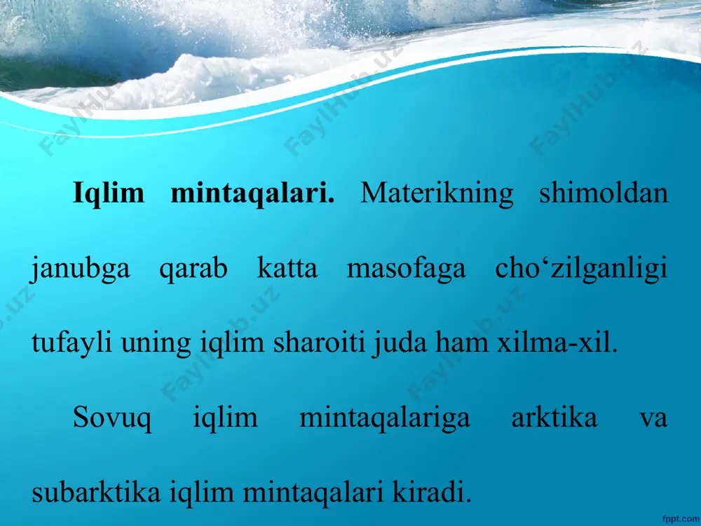 g. yog‘ingarchilik yil davomida bo‘lib turadi va uning o‘rtacha yillik miqdori 1 000 mm dan oshadi. mo‘tadil mintaqaning sharqiy qismidagi tinch okean sohillarida musson shamollari hukmron. bu havo massalari fasllarga qarab almashinib turadi va mo‘tadil mintaqaning musson iqlim tiðini hosil qiladi. yog‘ingarchilik, asosan, yoz oylarida bo‘ladi (yillik yog‘in miqdorining 90 % i aprel-noyabr oylariga to‘g‘ri keladi), qishda esa aksincha, yog‘in kam tushadi (100 mm). * 6-sinf geografiya darsligi asosida 53-mavzu: yevrosiyoning issiq iqlim mintaqalari subtropik, tropik, subekvatorial (2 tadan) va ekvatorial iqlim mintaqalaridan iborat. subtropik iqlim mintaqasi materikning g‘arbidagi pireney yarimorolidan to tinch okean sohiligacha bo‘lgan qismini egallaydi. yozda tropik havo, qishda esa mo‘tadil havo massalari hukmronlik qiladi. materik ichkarisida yozda tropik havo massalari ta’sirida harorat +30 +35 °c gacha ko‘tariladi, havo ochiq bo‘ladi, yomg‘ir juda kam yog‘adi. o‘rta dengiz sohillarida qish iliq bo‘ladi. yomg‘ir tez-tez yog‘ib turadi, havoning o‘rtacha harorati hamma joyda 0 °c dan yuqori. shuning uchun o‘simliklar …
