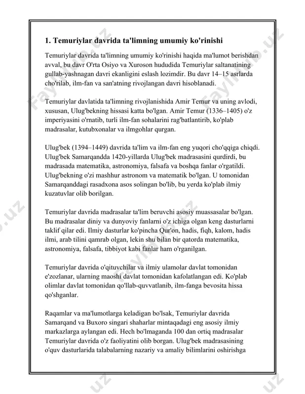 soni keskin oshdi. abu sa'id devonidagi ma'lumotlarga ko'ra, o‘sha paytda samarqandda yuzdan ortiq madrasalar faoliyat yuritgan. ular orasida ulug‘bek madrasasi eng mashhurlaridan biri edi. bu madrasa o'zining ilg'or o'quv dasturlari va zamonaviy astronomiya asboblari bilan tanilgan edi. 1420 yilda qurilgan bu madrasa o‘zbekistonning eski shahri, samarqandda joylashgan. ulug‘bek madrasasi, hirotda va samarqanddagi madrasalar ko‘p bo‘lib, ularda zamonaning eng ilg‘or olimlari dars berishgan. bunday madrasa va maktablarda asosan qur'on, fiqh, hadis, tafsir, adabiyot, mantiq, falakiyot, riyoziyot, tibbiyot, va falsafa fanlari o‘rgatilgan. madrasalar o'z vaqtida o‘sha davr ilm-fanining yetakchi markazlari hisoblangan. boshqa maydondagi ko'rinadigan yutuqlardan biri bu alisher navoiy va abdurahmon jomiy kabi buyuk olimlar, shoirlar va mutafakkirlarning faoliyati edi. ular ta'lim, ilm, va san'atning rivojiga katta hissa qo'shishdi. hirotda davlat tomonidan moliyalashtirilgan nizomiya va shohruxiya madrasalari muhim rol o‘ynagan. hirotda faoliyat olib borgan 60 ta madrasa borligi ma'lum. temuriylar davrida qurilgan madrasalar va maktablarning aksariyati o'z o'quv dasturlarida quyidagi fanlarni o'z …