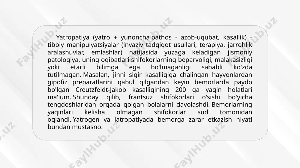 'zaro ta'siridan bemorga zararli ta'siri kuchayadi. ba’zan, vrach tomonidan olib borilayotgan to ‘g‘ri davolash muolajalari ta ’siri bemorning yaqinlarini qoniqtirmasligi mumkin. ba’zan, surunkali kasallikdan aziyat chekayotgan bemor, doktorning so‘zlaridan ko‘ra, boshqa birovlarning gaplariga quloq solishi ham mumkin. shunday hollar bo‘ladiki, tajribali, obro‘li doktor tavsiya qilgan dorini, deylik, tramvay haydovchisi: «е, bu dori boim aydi, mening ammamga berishuvdi, ta’sir qilmadi» desa, bemor shu dorini sotib olmasdan, doktorning oldiga boshqa dori yozib berishlarini so‘rab qaytib keladi. bemorni davolayotgan paytda vrach bu vaziyatlarni ham ko‘zda tutishi, bemorning yaqinlari, tanish-bilishlari bilan ham muloqotda bo‘lib turishi kerak. bemorlarda psixoterapevtik muolajalar o‘tkazayotgan paytda o‘z-o‘zini boshqarish hissini uyg'ota bilish kerak. ulardagi ishonchsizlikni ishonch va ixlos tuyg'ulari bilan, yolg‘izlikka intilishni odamlarga, jamoaga intilish hissi bilan o'zgartirish vrachning burchidir. bu muammolarni hal qilmasdan turib, psixoterapevtik natija olish ancha mushkuldir. psixoterapevtik usullar psixotrop dorilarni qo'llab olib borilsa, davolash yanada muvafaqqiyatli kechadi. yatrogeniya deb, vrach yoki boshqa tibbiyot xodimining bexosdan aytib …