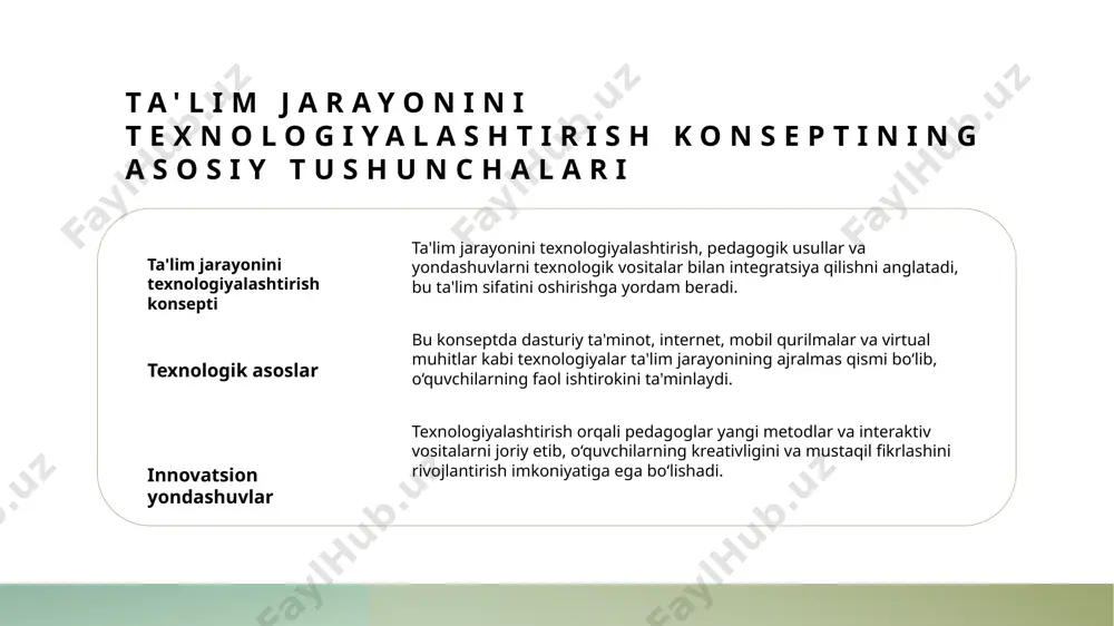 ayon ta'lim jarayonining samaradorligini oshiradi. ta'limda texnologiyalashgan muhitning yaratilishi va boshqarilishi 1 infratuzilma tayyorlash ta'limda texnologiyalashgan muhitni yaratish uchun zamonaviy texnologik infratuzilma, qulay xarajatlar va texnik qo‘llab-quvvatlash muhimdir. 2 resurslar va platformalar raqamli platformalar, onlayn resurslar va interaktiv vositalar ta'lim muhitini boyitadi, o‘qituvchilar va talabalar uchun qulay imkoniyatlar yaratadi. 3 boshqaruv tizimi texnologik muhitni samarali boshqarish uchun axborot tizimlari va monitoring mexanizmlari joriy qilinadi, bu esa o‘quv jarayonini nazorat qilishni osonlashtiradi. 4 xavfsizlik va ma'lumotlar ta'lim muhitida axfsizlik choralari, shaxsiy ma'lumotlarni himoya qilish va kiberxavfsizlik standartlariga rioya qilish muhim ahamiyatga ega. ta'lim jarayonining samaradorligini oshirishda texnologiyalarning roli 1 innovatsion vositalar zamonaviy texnologiyalar yordamida o‘quv jarayonlari tez va samarali rivojlanmoqda. interaktiv platformalar va raqamli vositalar o‘quvchilarning o‘rganish jarayonini yaxshilashga yordam beradi. 2 individual yondashuv sun’iy intellekt va personalizatsiyalash texnologiyalari orqali har bir o‘quvchining ehtiyojlari va qobiliyatlariga mos ta’lim muhitini yaratish mumkin. bu esa o‘quvchilarning motivatsiyasini oshiradi. 3 hamkorlik va interaktivlik onlayn …