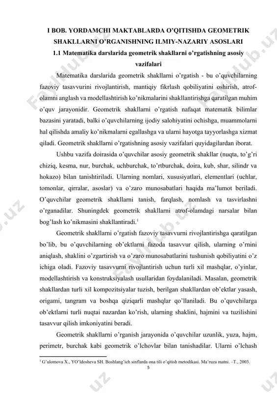 n foydalaniladi. masalan, geometrik shakllardan turli xil kompozitsiyalar tuzish, berilgan shakllardan ob’ektlar yasash, origami, tangram va boshqa qiziqarli mashqlar qo’llaniladi. bu o’quvchilarga ob’ektlarni turli nuqtai nazardan ko’rish, ularning shaklini, hajmini va tuzilishini tasavvur qilish imkoniyatini beradi. geometrik shakllarni o’rganish jarayonida o’quvchilar uzunlik, yuza, hajm, perimetr, burchak kabi geometrik o’lchovlar bilan tanishadilar. ularni o’lchash usullarini, o’lchov birliklarini va o’lchov asboblarini ( линейка, транспортир, sirkul ) o’rganadilar. geometrik o’lchovlarni hisoblash formulalarini o’zlashtiradilar va ularni amaliy masalalarni hal qilishda qo’llash ko’nikmalarini egallaydilar. bu o’quvchilarga geometrik shakllarning asosiy xarakteristikalarini aniqlashga, ularni taqqoslashga va o’zaro munosabatlarini tushunishga yordam beradi. geometrik shakllarni o’rgatish mantiqiy fikrlashni rivojlantirishga yordam beradi. geometriya masalalari va topshiriqlari o’quvchilardan analiz, sintez, taqqoslash, umumlashtirish, xulosa chiqarish kabi mantiqiy operatsiyalarni bajarishni talab etadi. masalan, shakllarning xususiyatlarini aniqlash, ularni klassifikatsiya qilish, geometrik shakllarni qurish, geometrik tasdiqlash va isbotlash kabi topshiriqlar o’quvchilarning mantiqiy fikrlash qobiliyatini oshiradi. geometrik shakllarni o’rgatish o’quvchilarda muammolarni hal qilish ko’nikmalarini shakllantirishga qaratilgan. …