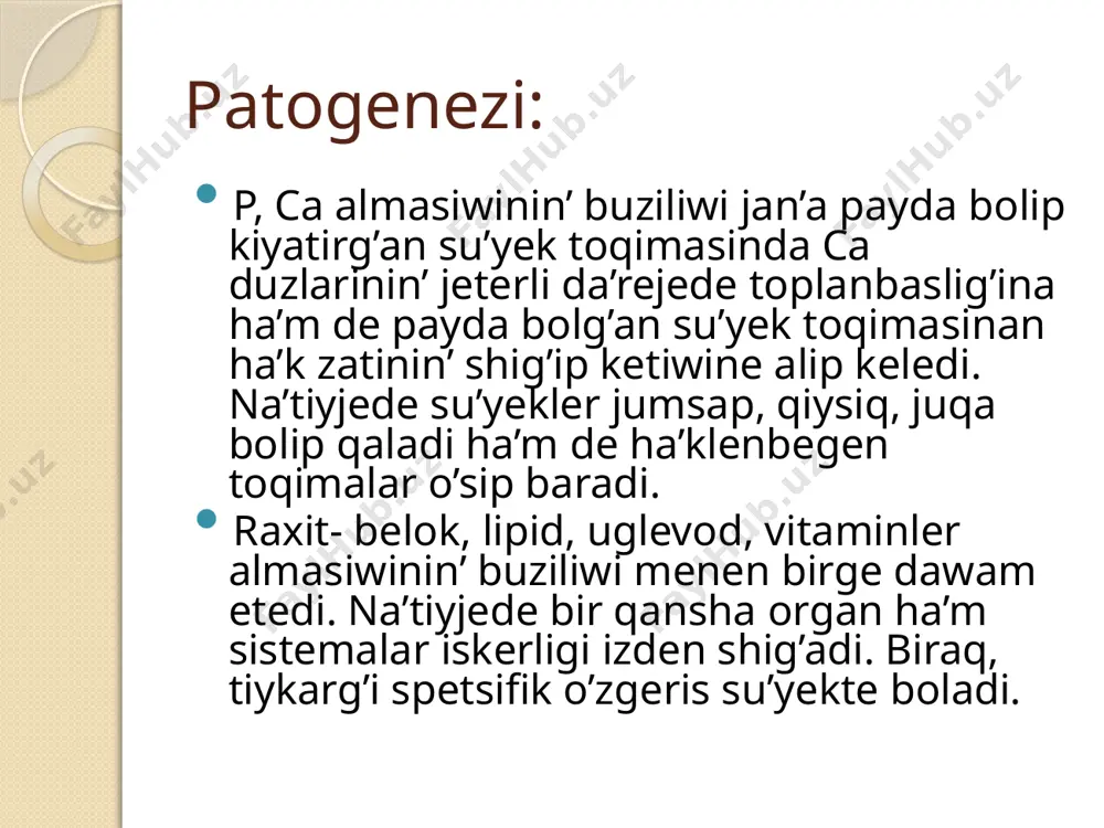 iq ha’diyseler sebep bolmaydi. ii da’rejesi: (ortasha awir) nerv, su’yek, muskul ha’m qan jaratiw sistemalarinda ortasha xarakterlenedi; bawir, talaqtin’ u’lkeyiwi m.n dawam etedi. balanin’ uliwma ahwali sezilerli da’rejede o’zgermeydi, skelettin’ 2-3 bo’limindegi su’yekler ziyanlang’an boladi. iii da’rejesi: (awir tu’ri) ko’pshilik organda azg’ana o’zgerisler boliwi m.n xarakterlenedi. su’yekler formasi o’zgerip, ha’reket funktsiyalari, sha’rtli reflekslerdin’ rawajlaniwi keskin pa’seyip, arqada qaladi. sezilerli muskul gipotoniyasi, buwinlar bosasip qalip, bawir ha’m talaq azmaz u’lkeyedi. iii da’rejeli raxit a’dette o’mirinin’ ekinshi yarimina shekem bolg’an balalarda ku’zetiledi. diagnoz: laboratoriyaliq ha’m instrumental tekseriwler: - qannin’ bioximiyaliq analizi (ca, p kontsentratsiyasi, siltili fosfataza aktivligi). - sidiktin’ sulkovich boyinsha analizi, su’yeklerdin’ rentgenologik tekseriwi. ha’wij alg’an da’wirde qanda to’mendegi bioximiyaliq o’zgerisler ku’zetiledi: -gipokaltsemiya, gipofosfatemiya, siltili fosfataza aktivliginin’ artiwi, atsidoz. qan zardobinda ca ha’m p qatnasi normada 2:1, ha’wij alg’an da’wirde 3:1, 4:1 qatnasta asadi. emlew: spetsifik: vitamin d, videin h.t.b. spesifik emes: vitaminler, belok, uglevod, may, ku’n nurinan paydalaniw, taza hawa, …