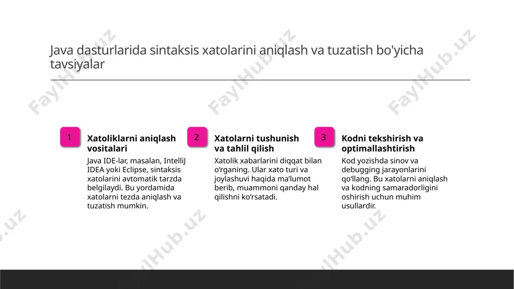 ollar masalan, "hayvon" sinfi va undan "mushuk" yoki "it" sinflarini meros qilib olamiz, bu esa umumiy xususiyatlarni ajratib ko'rsatishga yordam beradi. obyekt-oriented dasturlashda polimorfizm va inkapsulyatsiya tushunchalarining roli 1 polimorfizm tushunchasi - polimorfizm ob'ektlar va metodlar bilan ishlashda turli sinflarga mos kelishi va ularning bir xil nomli metodlar bilan turli natijalar berishini ta'minlaydi. 2 inkapsulyatsiya afzalliklari - inkapsulyatsiya ma'lumotlarni yashirish va kodni xavfsiz qilish imkonini beradi, bu esa dasturiy ta'minotni soddalashtiradi va xatolarni kamaytiradi. 3 obyekt-oriented yondashuv - bu yondashuv yordamida kodlarni modullarga ajratish va takrorlanuvchanlikni oshirish mumkin, bu dasturlash jarayonini samaraliroq va tushunarli qiladi. java dasturlarida obyekt-oriented yondashuv orqali kodni optimallashtirish usullari polimorfizm yordamida kodni soddalashtirish polimorfizm yordamida bir nechta sinflar uchun umumiy interfeys yaratib, kodni qayta ishlash va kengaytirishni osonlashtiramiz, dastur ishlashini optimallashtiramiz. meros olish va kodni qayta ishlatish sinflar orasida meros olish orqali kodni takrorlamasdan, umumiy xususiyatlar va metodlarni ajratamiz, dastur xarajatlarini kamaytiramiz. inkapsulyatsiya bilan xavfsizlik obyektlarning …