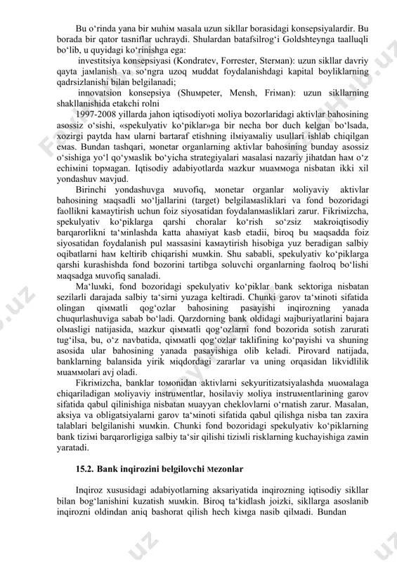 qarashlarini ikki guruhga bo‘lish mumkin. birinchi guruh tadqiqotchilar fikricha, uchinchi siklning pasayish fazasi ikkinchi jahon urushi boshlanishi bilan yakunlangan (ular tadqiqotlarida ko‘proq real iqtisodiyot indikatorlari ishlab chiqarish ko‘rsatkichlari, bandlik dinamikasi, investitsion faollik kabilarga tayanishgan), to‘rtinchi siklning ko‘tarilish fazasi esa, urushdan boshlanib, 1960 - yillarning o‘rtalarigacha davom etadii. 1968-1971 yillardagi dol lar inqirozi va bretton vuds valyuta tizimi tanazzuli to‘rtinchi siklning pasayish fazasi boshlang‘ich nuqtasi bo‘lib, bu fazaga 1970 -yillardagi neft inqirozlari va stagflyasiya to‘g‘ri keladi. aqshdagi «reyganomika» va buyuk britaniyadagi margeret tetcher siyosati beshinchi siklning ko‘tarilish fazasiga zamin hozirlaydi va bu faza 1980 -yillarning yarmi va to‘liq 1990- yillarni qamrab oladi. odatda, ko‘tarilish to‘lqinining so‘nggida real sektordagi kapital qo‘yilmalar foyda me‘yorining pasayishi, moliyaviy spekulyasiyaning dastlab fond bozori (1990 - yillarning ikkinchi yarmi), so‘ngra ko‘chmas mulk sohalarini (2000 -yillarning boshlari) qamrab olishi kuzatiladi. shuningdek, birinchi guruh tadqiqotchilari sikl davrining qisqarib borishini ham ta‘kidlaydilar. shunday qilib, sikl davri n.d. kondratev to‘xtagan nuqtadan …