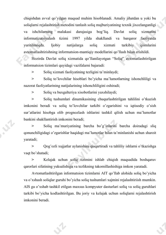 illashishiga imkon yaratadi. avtomatlashtirilgan informatsion tizimlarni ait qo’llab alohida soliq bo’yicha va o’xshash soliqlar guruhi bo’yicha soliq tushumlari xajmini rejalashtiriish mumkin. ais ga o’xshab tashkil etilgan maxsus kompyuter dasturlari soliq va soliq guruhlari tarkibi bo’yicha kodlashtirilgan. bu joriy va kelajak uchun soliqlarni rejalashtirish imkonini beradi. prognozga ta’sir etuvchi ob’ektiv va sub’ektiv omillar. o’zaro bir-biriga bog’liq bo’lgan barcha moliya rejalari yig’indisi moliya rejalari tizimi deb yuritiladi. bu moliya rejalari tizimi teritoriyalarda, xududlarda pul mablag’larini taqsimlashni, pul fondlarini tashkil etish va ulardan foydalanishni, takror ishlab chiqarish jarayonida moliyaning alohida zvenolari rolining ifodalanishini o’z ichiga oladi. moliyaviy rejalashtirish jarayonida bir necha hil rejalar tuziladi. umumdavlat faoliyatini ifodalovchi moliya rejalariga davlat byudjeti, davlat sotsial sug’urta byudjeti, davlat mulkiy va shaxsiy sug’urtasi moliya rejasi hamda territorial va davlatning moliya mablag’larini ko’rsatuvchi yig’ma moliyaviy mablag’lari kiradi. bu moliyaviy rejalarda davlat byudjeti alohida o’rin tutadi. davlat byudjetida davlat bilan turli mulk formasiga ega bo’lgan korxona, xo’jalik tashkilotlarining …