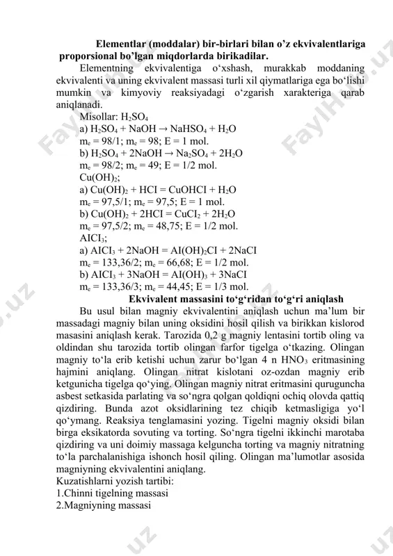 7,5/2; me = 48,75; e = 1/2 mol. aici3; a) aici3 + 2naoh = ai(oh)2ci + 2naci me = 133,36/2; me = 66,68; e = 1/2 mol. b) aici3 + 3naoh = ai(oh)3 + 3naci me = 133,36/3; me = 44,45; e = 1/3 mol. ekvivalent massasini to‘g‘ridan to‘g‘ri aniqlash bu usul bilan magniy ekvivalentini aniqlash uchun ma’lum bir massadagi magniy bilan uning oksidini hosil qilish va birikkan kislorod masasini aniqlash kerak. tarozida 0,2 g magniy lentasini tortib oling va oldindan shu tarozida tortib olingan farfor tigelga o‘tkazing. olingan magniy to‘la erib ketishi uchun zarur bo‘lgan 4 n hno3 eritmasining hajmini aniqlang. olingan nitrat kislotani oz-ozdan magniy erib ketgunicha tigelga qo‘ying. olingan magniy nitrat eritmasini quruguncha asbest setkasida parlating va so‘ngra qolgan qoldiqni ochiq olovda qattiq qizdiring. bunda azot oksidlarining tez chiqib ketmasligiga yo‘l qo‘ymang. reaksiya tenglamasini yozing. tigelni magniy oksidi bilan birga eksikatorda sovuting va torting. so‘ngra tigelni ikkinchi …