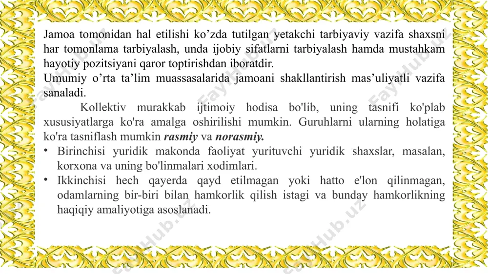 shi darajasi bilan farqlanadi. jamoaning psixologik iqlimi odamlarning faoliyati sodir bo'ladigan holatlar majmui bilan shakllanadi. bu holatlar jamoa a'zolarining o'zgalarga munosabati va ish mazmunida namoyon bo'ladigan muayyan munosabatlarni keltirib chiqaradi. qulay psixologik iqlimning ahamiyatini, masalan, yomon kayfiyat jamoaning samaradorligini taxminan bir yarim baravar kamaytirishi bilan baholanishi mumkin. vaziyatlar asosan maqsadli ta'sirga moslashganligi sababli, psixologik iqlim ma'lum darajada tuzatilishi mumkin. ijtimoiy-psixologik muvofiqlikni ta'minlaydigan shartlar quyidagilardir: har bir xodimning shaxsiy imkoniyatlarining uning faoliyatining tuzilishi va mazmuniga muvofiqligi, bu uning normal borishini, boshqalarning muvaffaqiyatlariga nisbatan hasadning yo'qligini ta'minlaydi; odamlar o'rtasidagi o'zaro ishonch uchun asos yaratadigan axloqiy pozitsiyalarning yaqinligi yoki mos kelishi; faoliyatning asosiy motivlari va jamoa a'zolarining individual intilishlarining bir xilligi, ularning o'zaro tushunishiga yordam beradi; yagona mehnat va ijodiy jarayonda har birining qobiliyatlarini haqiqiy bir-birini to'ldirish va organik uyg'unlashtirish imkoniyati; oqilona taqsimlash jamoa a'zolari o'rtasidagi funktsiyalar, bunda hech kim boshqasi hisobidan muvaffaqiyatga erisha olmaydi. quyidagi asosiy holatlar, ham ob'ektiv, ham sub'ektiv, boshqalarning …