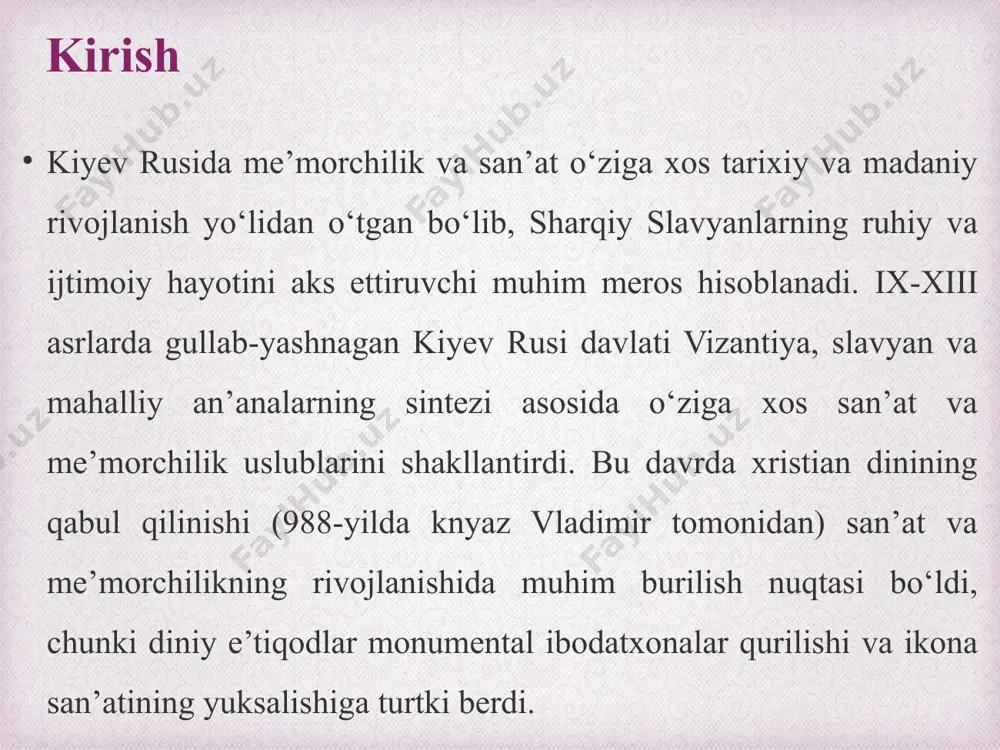 materiallar va qurilish usullari tufayli o‘ziga xos xususiyatlarga ega edi. masalan, cherkovlarning devorlari qalin ohaktoshdan qurilib, tashqi yuzasi oddiy bezaklar bilan qoplangan. monastirlar esa ko‘proq mustaqil majmualar sifatida qurilgan bo‘lib, ularda cherkovlar, turar joylar, xo‘jalik binolari va devorlar mavjud edi. ikonostas va ichki bezaklar kiyev rusida cherkovlarning ichki bezaklari va ikonostaslari diniy me’morchilikning ajralmas qismi edi. ikonostas, cherkovning sharqiy qismida joylashgan bo‘lib, muqaddas makonni ibodat qiluvchilardan ajratuvchi ramziy devor sifatida xizmat qilardi. ikonostaslar yog‘ochdan yasalgan bo‘lib, ularning yuzasi diniy tasvirlar – ikonalar bilan bezatilardi. bu ikonalar nafaqat estetik, balki diniy ma’noga ega bo‘lib, ularda iso masih, bokira mariya va avliyolar tasvirlangan. ikonostaslarning tuzilishi vizantiya an’analariga asoslangan bo‘lsa-da, kiyev rusida ular mahalliy uslubda ishlangan. shaharlardagi qal’alar, minoralar, darvozalar kiyev rusida fuqaroiy me’morchilik obidalari jamiyatning ijtimoiy tuzilishi, harbiy ehtiyojlari va madaniy qadriyatlarini aks ettirgan. shaharlardagi qal’alar mudofaa tizimining asosiy elementi bo’lib, ular nafaqat xavfsizlikni ta’minlagan, balki knyazlar hokimiyatining ramzi sifatida ham xizmat …