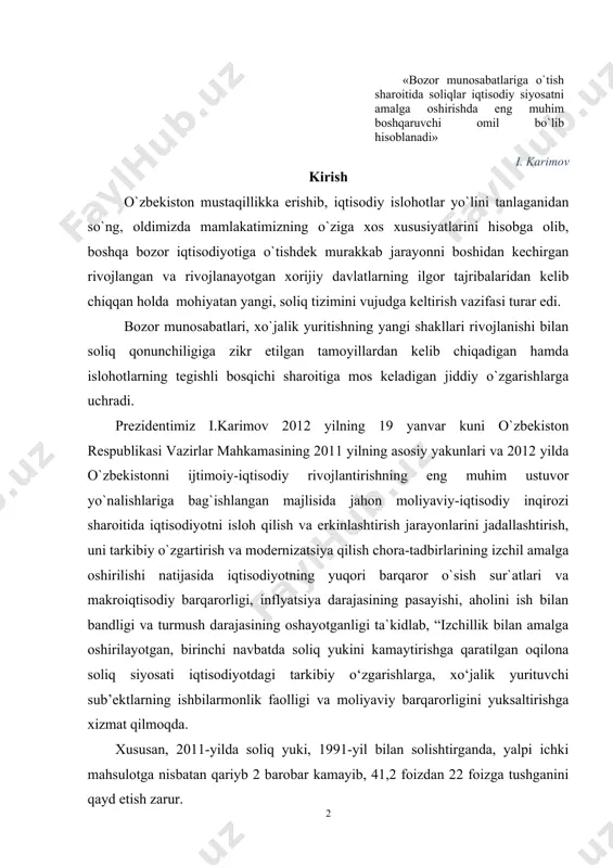 maytirishga qaratilgan oqilona soliq siyosati iqtisodiyotdagi tarkibiy o‘zgarishlarga, xo‘jalik yurituvchi sub’ektlarning ishbilarmonlik faolligi va moliyaviy barqarorligini yuksaltirishga xizmat qilmoqda. xususan, 2011-yilda soliq yuki, 1991-yil bilan solishtirganda, yalpi ichki mahsulotga nisbatan qariyb 2 barobar kamayib, 41,2 foizdan 22 foizga tushganini qayd etish zarur. 2011-yilda mikrofirma va kichik korxonalar uchun yagona soliq to‘lovi stavkasining 7 foizdan 6 foizga kamaytirilishi xo‘jalik yurituvchi sub’ektlar investitsiya faoliyatining kengayishiga xizmat qildi. buning natijasida bo‘shab qolgan qariyb 80 milliard 300 million so‘m mablag‘ni birinchi navbatda ishlab chiqarishni texnologik yangilash va zamonaviy texnikani joriy etishga yo‘naltirish imkoni paydo bo‘ldi”.[footnoteref:1] deya e`tirof etdi. [1: karimov i.a. 2012 yil vatanimiz taraqqiyotini yangi bosqichga ko`taradigan yil bo`ladi. xalq so`zi, 2012 yil 20 yanvar, № 14 (5434), 1-3 b.] prezident i.karimovning “jahon moliyaviy-iqtisodiy inqirozi, o`zbekiston sharoitida uni bartaraf etishning yo`llari va choralari” nomli asarida dunyoning hozirgi vaqtda bir qator etakchi tahlil va ekspertlik markazlari global moliyaviy inqiroz holatini va uning yuz berishi …
