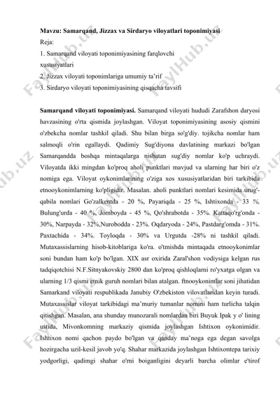 samarqand, jizzax va sirdaryo viloyatlari toponimiyasi — DOCX